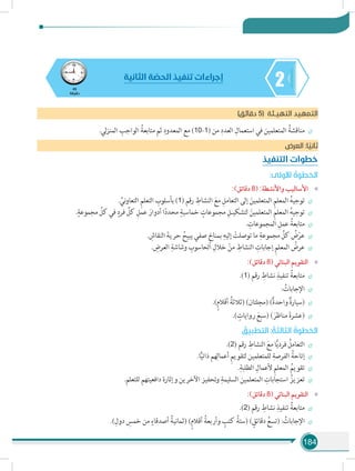 184
245
‫دقيقة‬
‫الثانية‬ ‫ة‬ ّ‫الحص‬ ‫تنفيذ‬ ‫إجراءات‬
)‫دقائق‬ 5( ‫التهيـئة‬ ‫التمهيد‬
÷÷.‫لي‬‫ز‬‫المن‬ ِ‫الواجب‬ ُ‫متابعة‬ ‫ثم‬ ِ‫المعدود‬ ‫مع‬ )10-1( ‫من‬ ِ‫العدد‬ ِ‫استعمال‬ ‫في‬ ‫المتعلمين‬ ُ‫مناقشة‬
‫العرض‬ :‫ا‬ ً‫ثاني‬
‫التنفيذ‬ ‫خطوات‬
:‫األولى‬ ُ‫الخطوة‬
»»:)‫دقائق‬ 8( :‫واألنشطة‬ ‫األساليب‬
÷÷. ِّ‫ني‬‫و‬‫التعا‬ ِ‫م‬‫التعل‬ ِ‫بأسلوب‬ )1( ‫رقم‬ ِ‫النشاط‬ َ‫مع‬ ِ‫التعامل‬ ‫إلى‬ َ‫المتعلمين‬ ِ‫م‬‫المعل‬ ُ‫ه‬‫توجي‬
÷÷.ٍ‫مجموعة‬ ِّ‫كل‬ ‫في‬ ٍ‫فرد‬ ِّ‫كل‬ ِ‫عمل‬ َ‫أدوار‬ ‫ا‬ً‫د‬‫محد‬ ٍ‫خماسية‬ ٍ‫مجموعات‬ ِ‫لتشكيـل‬ َ‫المتعلمين‬ ِ‫م‬‫المعل‬ ُ‫ه‬‫توجي‬
÷÷. ِ‫المجموعات‬ ِ‫عمل‬ ُ‫متابعة‬
÷÷. ِ‫النقاش‬ َ‫حرية‬ ُ‫يبيح‬ ‫صفي‬ ٍ‫بمناخ‬ ِ‫إليه‬ ْ‫توصلت‬ ‫ما‬ ِ‫مجموعة‬ ِّ‫كل‬ ُ‫ض‬ْ‫عر‬
÷÷. ِ‫العرض‬ ِ‫وشاشة‬ ِ‫الحاسوب‬ ِ‫خالل‬ ْ‫من‬ ِ‫النشاط‬ ِ‫إجابات‬ ِ‫م‬‫المعل‬ ُ‫عرض‬
»»:)‫دقائق‬ 8( ‫البنائي‬ ‫التقويم‬
÷÷.)1( ‫رقم‬ ِ‫نشاط‬ ِ‫تنفيذ‬ ُ‫متابعة‬
÷÷: ُ‫اإلجابات‬
÷÷.)ٍ‫م‬‫أقال‬ ُ‫(ثالثة‬ )‫(مجلتان‬ )ٌ‫ة‬‫واحد‬ ٌ‫ة‬‫(سيار‬
÷÷.) ٍ‫روايات‬ َ‫(سبع‬ ) َ‫مناظر‬ َ‫ة‬‫(عشر‬
ُ‫التطبيق‬ : ُ‫الثالثة‬ ُ‫الخطوة‬
÷÷.)2( ‫رقم‬ ِ‫النشاط‬ َ‫مع‬ ‫ا‬ًّ‫ي‬‫فرد‬ ُ‫التعامل‬
÷÷.‫ا‬ًّ‫ي‬‫ذات‬ ‫هم‬ِ‫أعمال‬ ِ‫م‬‫لتقوي‬ ‫للمتعلمين‬ ِ‫الفرصة‬ ُ‫إتاحة‬
÷÷.ِ‫الطلبة‬ ِ‫ألعمال‬ ِ‫م‬‫المعل‬ ُ‫تقويم‬
÷÷.‫للتعلم‬ ‫دافعيتهم‬ ‫وإثارة‬ ‫اآلخرين‬ ‫وتحفيز‬ ِ‫السليمة‬ ‫المتعلمين‬ ِ‫استجابات‬ ُ‫تعزيز‬
»»:)‫دقائق‬ 8( ‫البنائي‬ ‫التقويم‬
÷÷.)2( ‫رقم‬ ِ‫نشاط‬ ِ‫تنفيذ‬ ُ‫متابعة‬
÷÷.)ِ‫دول‬ ِ‫خمس‬ ‫من‬ ٍ‫أصدقاء‬ ُ‫(ثمانية‬ )ٍ‫م‬‫أقال‬ ُ‫وأربعة‬ ٍ‫كتب‬ ُ‫(ستة‬ ) ٍ‫دقائق‬ ُ‫(تسع‬ : ُ‫اإلجابات‬
 