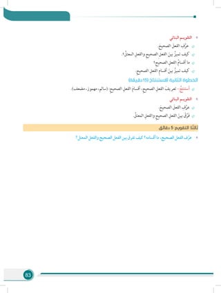 83
»»‫البنائي‬ ‫التقويـم‬
÷÷. َ‫الصحيح‬ َ‫الفعل‬ ِ‫ف‬ِّ‫عر‬
÷÷.‫؟‬ ِّ‫المعتل‬ ِ‫والفعل‬ ِ‫ح‬‫ِالصحي‬ ‫الفعل‬ َ‫بين‬ ُ‫تميز‬ ‫كيف‬
÷÷‫؟‬ِ‫ح‬‫الصحي‬ ِ‫الفعل‬ ُ‫م‬‫أقسا‬ ‫ما‬
÷÷.ِ‫ح‬‫الصحي‬ ِ‫الفعل‬ ِ‫م‬‫أقسا‬ َ‫بين‬ ُ‫تميز‬ ‫كيف‬
)‫دقيقة‬15( ُ‫االستنتاج‬ ‫الثانية‬ ‫الخطوة‬
÷÷.)‫مضعف‬ ،‫مهموز‬ ،‫(سالم‬ :ِ‫ح‬‫الصحي‬ ِ‫الفعل‬ َ‫م‬‫أقسا‬ ،ِ‫ح‬‫الصحي‬ ِ‫الفعل‬ َ‫تعريف‬ -: ُ‫أستنتج‬
»»‫البنائي‬ ‫التقويـم‬
÷÷. َ‫الصحيح‬ َ‫الفعل‬ ِ‫ف‬ِّ‫عر‬
÷÷. ِّ‫المعتل‬ ِ‫والفعل‬ ِ‫ح‬‫الصحي‬ ِ‫الفعل‬ َ‫بين‬ ْ‫ق‬ِّ‫َر‬‫ف‬
‫ق‬‫دقائ‬ 5 :‫التقويم‬ :‫ا‬ ً‫ثالث‬
»»‫المعتل؟‬‫والفعل‬‫الصحيح‬‫الفعل‬‫بين‬‫تفرق‬‫كيف‬‫أقسامه؟‬‫ما‬،‫الصحيح‬‫الفعل‬‫ف‬ ّ‫عر‬
 