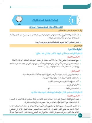 88
145
‫دقيقة‬
‫األولى‬ ‫ة‬ ّ‫الحص‬ ‫تنفيذ‬ ‫إجراءات‬
)‫دقائق‬ 5( :‫والتهيئة‬ ‫التمهيد‬ : ً‫أول‬
÷÷‫واالنتماء‬ ‫الوطن‬ ّ‫حب‬ ِ‫موضوع‬ ‫حول‬ ‫قاش‬ّ‫ن‬‫ال‬ َّ‫ثم‬ ،‫الدرس‬ ‫وعنوان‬ ‫الوحدة‬ ‫عنوان‬ ‫كتابة‬‫و‬ ،‫اريخ‬َّ‫ت‬‫ال‬ ‫كتابة‬‫و‬ ،‫ة‬ّ‫ي‬‫ح‬َّ‫ت‬‫ال‬ ‫إلقاء‬
.ِ‫ذاته‬ ‫بالمجال‬ ِ‫المتعددة‬ ‫الوحدة‬ ِ‫نصوص‬ ‫وارتباط‬ ،‫له‬
÷÷.‫الوحدة‬ ‫موضوعات‬ ‫وفق‬ ‫كتابية‬‫و‬ ‫شفهية‬ ‫نصوص‬ ‫إلنجاز‬ ‫المتعلمين‬ ‫تحفيز‬
‫العرض‬ :‫ا‬ ً‫ثاني‬
‫التنفيذ‬ ‫خطوات‬
)‫دقائق‬ 10( . ّ‫ص‬َّ‫ن‬‫وال‬ ‫الكاتب‬ ‫ة‬َ‫وي‬ ُ‫ه‬ ّ‫ص‬َّ‫ن‬‫ال‬ ‫نحو‬ :‫األولى‬ ُ‫الخطوة‬
»»:‫واألنشطة‬ ‫األساليب‬
÷÷.)‫ة‬َّ‫ي‬‫والرقم‬ ‫ة‬َّ‫ي‬‫(الورق‬ ‫المختلفة‬ ‫المعلومات‬ ‫مصادر‬ ‫على‬ ‫ا‬ً‫د‬‫اعتما‬ ،‫الكاتب‬ ‫حول‬ ‫وثق‬ُ‫م‬ ‫موضوع‬ ْ‫من‬ ‫المعلومات‬ ‫جمع‬
÷÷،‫المختلفة‬ ‫المصادر‬ ‫خالل‬ ‫من‬ ّ‫ص‬َّ‫ن‬‫ال‬ ‫وموضوع‬ ‫الكاتب‬ ‫وية‬ُ‫ه‬ ‫معرفة‬ ‫في‬ ‫وسع‬ّ‫ت‬‫لل‬ ‫اتي‬َّ‫الذ‬ ‫العمل‬ ‫إلى‬ ‫المتعلمين‬ ‫توجيه‬
.‫المطالعة‬ ِّ‫وحب‬ ،‫والفهم‬ ‫المعرفة‬ ِ‫الكتساب‬ ‫االستطالع‬ ّ‫حب‬ ‫وإثارة‬
»»:‫البنائي‬ ‫التقويم‬
÷÷.‫سليمة‬ ‫فصيحة‬ ‫بلغة‬ ‫ث‬ُّ‫حد‬َّ‫ت‬‫وال‬ ،‫فوي‬ َّ‫الش‬ ّ‫اللغوي‬ ‫واصل‬َّ‫ت‬‫ال‬ ‫بمهارات‬ ‫االلتزام‬ ‫إلى‬ ‫المتعلمين‬ ‫تنبيه‬
÷÷:‫التعريفية‬ ‫البطاقة‬ ‫خالل‬ ‫من‬ ‫المطلوبة‬ ‫األنشطة‬ ‫تنفيذ‬ ‫متابعة‬
÷÷.‫الكاتب‬ ِ‫شخصية‬ ‫عن‬ ‫عريف‬ّ‫ت‬‫ال‬ ‫ا‬ً‫متمم‬ ‫الفراغ‬ ‫أكمل‬
÷÷.......................................................................‫بها‬ ‫قام‬ ‫التي‬ ‫األعمال‬
÷÷.‫إلخ‬ ..................................................................‫توالها‬ ‫التي‬ ‫المناصب‬
)‫دقائق‬ 10( ‫تعاوني‬ ‫تعلم‬ ‫ورة‬ ُّ‫الص‬ ‫قراءة‬ ّ‫ص‬َّ‫ن‬‫ال‬ ‫نحو‬ :‫الثانية‬ ُ‫الخطوة‬
»»:‫واألنشطة‬ ‫األساليب‬
÷÷،‫المسجل‬ ‫أو‬ ‫الفيديو‬ ‫أشرطة‬ ‫استخدام‬ ‫خالل‬ ‫من‬ ،‫للباعة‬ ‫أخرى‬ ‫رسومات‬ ‫أو‬ ،‫ورة‬ ُّ‫الص‬ ِ‫باستعمال‬ ‫ة‬ َّ‫ص‬ِ‫للق‬ ِ‫م‬ّ‫ل‬‫المع‬ ُ‫تمهيد‬
.‫ة‬ّ‫ي‬‫شفو‬ ‫مناقشات‬ َّ‫ُم‬‫ث‬ ،)‫مجموعات‬ ‫خالل‬ ‫من‬ ‫(فعالية‬ ‫اي‬َّ‫الحو‬ ِ‫كلمة‬ َ‫حول‬ ‫تداعيات‬ ‫إثارة‬ ‫أو‬
÷÷‫لقراءة‬ ‫المتعلمين‬ ‫أحد‬ ‫اختيار‬ َّ‫ثم‬ ،‫العنوان‬ ‫وقراءة‬ ‫ورة‬ ُّ‫الص‬ ِ‫بتأمل‬ ‫تكليفهم‬ َّ‫ُم‬‫ث‬ ،)‫مجموعات‬ ‫إلى‬ ‫المتعلمين‬ ‫(تقسيم‬ ‫أو‬
‫الموضوع‬ ‫في‬ ‫كيز‬‫ر‬َّ‫ت‬‫وال‬ ‫عمق‬َّ‫ت‬‫ال‬ ‫بهدف‬ ‫المتعلمين؛‬ ‫عند‬ ‫الفضول‬ ‫وإثارة‬ ‫شويق‬َّ‫ت‬‫لل‬ ‫ورة‬ ّ‫الص‬ ‫توضع‬ .‫عنه‬ ‫لإلجابة‬ ‫السؤال‬
.‫ة‬ّ‫ي‬‫بصر‬‫ا‬ً‫صور‬‫هنية‬َّ‫الذ‬‫ور‬ ُّ‫الص‬‫وجعل‬،‫الموضوع‬ ِّ‫جو‬‫إلى‬‫وإدخالهم‬‫خيل‬َّ‫ت‬‫ال‬‫على‬‫تساعدهم‬‫وهي‬.‫ورة‬ ُّ‫الص‬‫بهذه‬‫الخاص‬
‫الحواي‬ ‫حسون‬ ‫قصة‬ -:‫األدبية‬ ‫القراءة‬
 