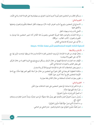 89
÷÷.‫ف‬ َّ‫الص‬‫في‬‫الجدارية‬‫اللوحة‬‫على‬‫نشرها‬‫و‬‫ورسمها‬،‫الحواي‬‫ون‬ ّ‫لحس‬‫أخرى‬‫ورة‬ ُ‫ص‬‫تخيل‬‫المتعلمين‬‫من‬‫الطلب‬‫ويمكن‬
»»:‫البنائي‬ ‫التقويم‬
÷÷‫وتحليلها‬،‫والعنوان‬‫ورة‬ ُّ‫بالص‬‫المتعلقة‬‫ظر‬َّ‫ن‬‫ال‬‫ووجهات‬‫اآلراء‬‫إلبداء‬‫العرض؛‬‫أساليب‬‫وتنويع‬،‫المتعلمين‬‫إلى‬‫االستماع‬
.‫عليها‬‫عليق‬َّ‫ت‬‫وال‬
÷÷.‫النظر‬ ‫وجهات‬ ‫إبداء‬ ‫بآداب‬ ‫حلي‬َّ‫ت‬‫ال‬
÷÷‫به‬ ‫توحيان‬ ‫ا‬ّ‫م‬‫ع‬ ‫المتعلمين‬ ‫تعبير‬ َ‫أثناء‬ ‫قاش‬َّ‫ن‬‫ال‬ ‫لغة‬ ُ‫وتصويب‬ ،‫الفصحى‬ ‫ة‬َّ‫ي‬‫العرب‬ ‫باللغة‬ ‫والتواصل‬ ‫ث‬ّ‫حد‬ّ‫ت‬‫ال‬ ‫مراعاة‬
.)26‫ص‬ - ‫الطالب‬ ‫(كتاب‬ .‫والعنوان‬ ‫ورة‬ ُّ‫الص‬
÷÷.‫قاش‬ِّ‫ن‬‫ال‬ ‫في‬ ‫الفاعلة‬ ‫المشاركة‬ ‫على‬ ‫أكيد‬َّ‫ت‬‫ال‬
)‫دقيقة‬ 15( ‫ا‬ ًّ‫عام‬ ‫ا‬ ً‫فهم‬ ‫ص‬َّ‫ن‬‫ال‬ ‫الصامتةأفهم‬ ‫القراءة‬ :‫الثالثة‬ ُ‫الخطوة‬
»»:‫واألنشطة‬ ‫األساليب‬
÷÷‫مع‬ ،‫لها‬ ‫من‬ّ‫الز‬ ‫(وتحديد‬ .‫شروطها‬ ‫ومراعاة‬ ‫امتة‬ َّ‫الص‬ ‫للقراءة‬ ‫المتعلمين‬ ‫توجيه‬ ّ‫ثم‬ ،‫امتة‬ ّ‫الص‬ ‫القراءة‬ ‫من‬ ‫الهدف‬ ُ‫إعالن‬
.)‫واالستيعاب‬ ‫الفهم‬ ‫على‬ ‫أكيد‬ّ‫ت‬‫ال‬
÷÷‫كيز‬‫التر‬ ‫خالل‬ ‫من‬ ‫اللغوية‬ ‫الثروة‬ ‫وتوسيع‬ ‫ترسيخ‬ ‫ويمكن‬ .‫ياق‬ ّ‫الس‬ ‫خالل‬ ‫من‬ ‫لفهمها‬ ِ‫لة‬‫و‬‫المتدا‬ ِ‫العبارات‬ ‫عند‬ ‫وقف‬َّ‫ت‬‫ال‬
. ّ‫ص‬َّ‫ن‬‫ال‬ ‫في‬ ‫لة‬‫و‬‫المتدا‬ ‫والمفردات‬ ‫التعابير‬ ‫بعض‬ ‫على‬
÷÷.‫واالستفسار‬ ‫ذكر‬َّ‫ت‬‫لل‬ ‫الموجزة‬ ‫امتة‬ َّ‫الص‬ ‫القراءة‬ ‫أثناء‬ ‫المالحظات‬ ‫بعض‬ ‫تسجيل‬
÷÷
ِ‫إتاحة‬ ‫مع‬ .)‫ا‬ًّ‫م‬‫عا‬ ‫ا‬ً‫فهم‬ ‫النص‬ ‫(أفهم‬ ‫أسئلة‬ ّ‫حل‬ ‫خالل‬ ‫من‬ ‫المتعلمين‬ ‫مع‬ ‫ا‬ًّ‫ي‬‫شفو‬ َّ‫ص‬َّ‫ن‬‫ال‬ ‫في‬ ِ‫ريضة‬َ‫ع‬‫ال‬ ِ‫الخطوط‬ ‫مناقشة‬
.‫ة‬ َّ‫القص‬ ‫حول‬ ‫أخرى‬ ‫أسئلة‬ ‫لطرح‬ ‫للمتعلمين‬ ِ‫صة‬ْ‫ر‬ُ‫ف‬‫ال‬
÷÷.‫معيارية‬ ‫بلغة‬ ‫قاش‬ّ‫ن‬‫ال‬ ‫خالل‬ ‫من‬ ‫المختلفة‬ ‫ث‬ُّ‫التحد‬ ‫مهارات‬ ‫تطوير‬
»»:‫البنائي‬ ‫التقويم‬
÷÷. ّ‫ص‬َّ‫ن‬‫ال‬ ‫حول‬ ‫النشاطات‬ ‫تنفيذ‬ ‫على‬ ‫المتعلمين‬ ‫تحفيز‬ َّ‫ثم‬ ،‫صامتة‬ ‫قراءة‬ ‫ص‬ّ‫ن‬‫ال‬ ‫قراءة‬
÷÷.)‫ا‬ًّ‫م‬‫عا‬ ‫ا‬ً‫فهم‬ ‫(أفهم‬ ِ‫أسئلة‬ ّ‫حل‬
‫؟‬ْ‫واي‬َ‫الح‬ ُ‫ون‬ ُّ‫س‬َ‫ح‬ ‫ه‬ ُ‫مارس‬ُ‫ي‬ ‫َّذي‬‫ل‬‫ا‬ ُ‫العمل‬ ‫ما‬ .‫أ‬
÷÷
ِ‫وحمالت‬ ِ‫العقارات‬ َ‫لتشمل‬ ُّ‫وتمتد‬ ،‫ه‬ُ‫ت‬‫تجار‬ ‫تنمو‬ ّ‫ثم‬ ، ً‫ل‬ّ‫متجو‬ ‫ا‬ً‫ع‬‫بائ‬ ُ‫يعمل‬ ‫فهو‬ ،ِ‫جارة‬ّ‫ت‬‫بال‬ َ‫العمل‬ ُّ‫الحواي‬ ُ‫حسون‬ ُ‫مارس‬ُ‫ي‬
.‫...إلخ‬ ّ‫الحج‬
‫؟‬ْ‫اي‬َّ‫و‬َ‫الح‬ ٍ‫ون‬ ُّ‫س‬َ‫ح‬ ُ‫ة‬ َّ‫ص‬ِ‫ق‬ ُ‫ه‬َ‫ل‬ْ‫حو‬ ُ‫تدور‬ ‫َّذي‬‫ل‬‫ا‬ ُ‫ث‬َ‫الحد‬ ‫ما‬ .‫ب‬
÷÷.‫الماضي‬ ‫عن‬ ‫التخلي‬ ‫عدم‬ – ‫والعمل‬ ‫المثابرة‬ ‫حول‬ ْ‫اي‬َّ‫و‬َ‫الح‬ ٍ‫ون‬ ُّ‫س‬َ‫ح‬ ُ‫ة‬ َّ‫قص‬ ُ‫تدور‬
 