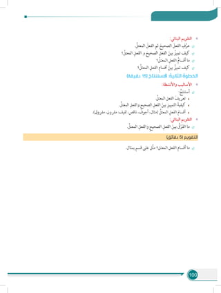 100
»»:‫البنائي‬ ‫التقويم‬
÷÷. َّ‫المعتل‬ َ‫الفعل‬ ‫ثم‬ َ‫الصحيح‬ َ‫الفعل‬ ِ‫ف‬ِّ‫عر‬
÷÷‫؟‬ ِّ‫المعتل‬ ِ‫الفعل‬ ‫و‬ ‫الصحيح‬ ‫الفعل‬ َ‫بين‬ ُ‫تميز‬ ‫كيف‬
÷÷‫؟‬ ِّ‫المعتل‬ ِ‫الفعل‬ ُ‫م‬‫أقسا‬ ‫ما‬
÷÷‫؟‬ ِّ‫المعتل‬ ِ‫الفعل‬ ِ‫م‬‫أقسا‬ َ‫بين‬ ُ‫تميز‬ ‫كيف‬
)‫دقيقة‬ 15( ُ‫االستنتاج‬ : ُ‫الثانية‬ ُ‫الخطوة‬
»»:‫واألنشطة‬ ‫األساليب‬
÷÷: ُ‫أستنتج‬
. ِّ‫المعتل‬ ‫الفعل‬ َ‫تعريف‬
. ِّ‫المعتل‬ ِ‫والفعل‬ ِ‫ح‬‫الصحي‬ ِ‫الفعل‬ َ‫بين‬ ِ‫التمييز‬ َ‫كيفية‬
.)‫مفروق‬ ،‫مقرون‬ :‫لفيف‬ ،‫ناقص‬ ،‫أجوف‬ ،‫(مثال‬ ِّ‫المعتل‬ ِ‫الفعل‬ َ‫م‬‫أقسا‬
»»:‫البنائي‬ ‫التقويم‬
÷÷. ِّ‫المعتل‬ ِ‫والفعل‬ ِ‫ح‬‫الصحي‬ ِ‫الفعل‬ َ‫بين‬ ُ‫ق‬ْ‫ر‬َ‫ف‬‫ال‬ ‫ما‬
)‫دقائق‬ 5( ‫التقويم‬
÷÷.‫بمثال‬ ‫قسم‬ ‫على‬ ‫ل‬ِّ‫ث‬‫م‬ ‫المعتل؟‬ ‫الفعل‬ ‫أقسام‬ ‫ما‬
 