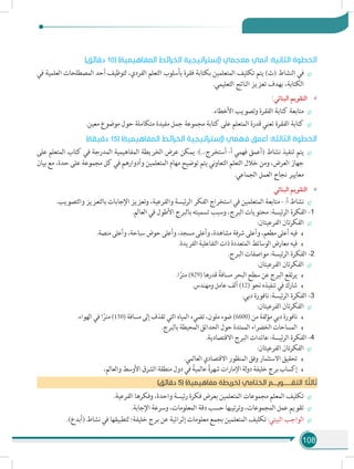 108
)‫دقائق‬ 10( )‫المفاهيمية‬ ‫الخرائط‬ ‫(إستراتيجية‬ ‫معجمي‬ ‫أنمي‬ :‫الثانية‬ ‫الخطوة‬
÷÷‫في‬ ‫العلمية‬ ‫المصطلحات‬ ‫أحد‬ ‫لتوظيف‬ ،‫الفردي‬ ‫التعلم‬ ‫بأسلوب‬ ‫فقرة‬ ‫بكتابة‬ ‫المتعلمين‬ ‫تكليف‬ ‫يتم‬ )‫(ث‬ ‫النشاط‬ ‫في‬
.‫التعليمي‬ ‫الناتج‬ ‫تعزيز‬ ‫بهدف‬ ،‫الكتابة‬
»»:‫البنائي‬ ‫التقويم‬
÷÷.‫األخطاء‬ ‫وتصويب‬ ‫الفقرة‬ ‫كتابة‬ ‫متابعة‬
÷÷.‫معين‬ ‫موضوع‬ ‫حول‬ ‫متكاملة‬ ‫مفيدة‬ ‫جمل‬ ‫مجموعة‬ ‫كتابة‬ ‫على‬ ‫المتعلم‬ ‫قدرة‬ ‫تعني‬ ‫الفقرة‬ ‫كتابة‬
)‫دقيقة‬ 15( )‫المفاهيمية‬ ‫الخرائط‬ ‫(إستراتيجية‬ ‫فهمي‬ ‫أعمق‬ :‫الثالثة‬ ‫الخطوة‬
÷÷‫على‬ ‫المتعلم‬ ‫كتاب‬ ‫في‬ ‫المدرجة‬ ‫المفاهيمية‬ ‫الخريطة‬ ‫عرض‬ ‫يمكن‬ :)...‫أستخرج‬ -‫أ‬ ‫فهمي‬ ‫(أعمق‬ ‫نشاط‬ ‫تنفيذ‬ ‫يتم‬
‫بيان‬ ‫مع‬ ،‫حدة‬ ‫على‬ ‫مجموعة‬ ‫كل‬ ‫في‬ ‫وأدوارهم‬ ‫المتعلمين‬ ‫مهام‬ ‫توضيح‬ ‫يتم‬ ‫ني‬‫و‬‫التعا‬ ‫التعلم‬ ‫خالل‬ ‫ومن‬ ،‫العرض‬ ‫جهاز‬
.‫الجماعي‬ ‫العمل‬ ‫نجاح‬ ‫معايير‬
»»‫البنائي‬ ‫التقويم‬
÷÷.‫والتصويب‬ ‫بالتعزيز‬ ‫اإلجابات‬ ‫وتعزيز‬ ،‫والفرعية‬ ‫ئيسة‬‫ر‬‫ال‬ ‫الفكر‬ ‫استخراج‬ ‫في‬ ‫المتعلمين‬ ‫متابعة‬ - :‫أ‬ ‫نشاط‬
.‫العالم‬ ‫في‬ ‫األطول‬ ‫بالبرج‬ ‫تسميته‬ ‫وسبب‬ ،‫البرج‬ ‫محتويات‬ :‫ئيسة‬‫ر‬‫ال‬ ‫الفكرة‬ -1
÷÷:‫الفرعيتان‬ ‫تان‬‫ر‬‫الفك‬
.‫منصة‬ ‫وأعلى‬ ،‫سباحة‬ ‫حوض‬ ‫وأعلى‬ ،‫مسجد‬ ‫وأعلى‬ ،‫مشاهدة‬ ‫شرفة‬ ‫وأعلى‬ ،‫مطعم‬ ‫أعلى‬ ‫فيه‬
.‫الفريدة‬ ‫التفاعلية‬ ‫ذات‬ ‫المتعددة‬ ‫الوسائط‬ ‫معارض‬ ‫فيه‬
.‫البرج‬ ‫مواصفات‬ :‫ئيسة‬‫ر‬‫ال‬ ‫الفكرة‬ -2
÷÷:‫الفرعيتان‬ ‫تان‬‫ر‬‫الفك‬
.‫ا‬ً‫متر‬ )829( ‫قدرها‬ ً‫مسافة‬ ‫البحر‬ ‫سطح‬ ‫عن‬ ‫البرج‬ ‫تفع‬‫ر‬‫ي‬
.‫ومهندس‬ ‫عامل‬ ‫ألف‬ )12( ‫نحو‬ ‫تنفيذه‬ ‫في‬ ‫شارك‬
.‫دبي‬ ‫نافورة‬ :‫الرئيسة‬ ‫الفكرة‬ -3
÷÷:‫الفرعيتان‬ ‫تان‬‫ر‬‫الفك‬
.‫الهواء‬ ‫في‬ ‫ا‬ً‫متر‬ )150( ‫مسافة‬ ‫إلى‬ ‫تقذف‬ ‫التي‬ ‫المياه‬ ‫تضيء‬ ،‫ملون‬ ‫ضوء‬ )6600( ‫من‬ ‫لفة‬‫ؤ‬‫م‬ ‫دبي‬ ‫نافورة‬
.‫بالبرج‬ ‫المحيطة‬ ‫الحدائق‬ ‫حول‬ ‫الممتدة‬ ‫الخضراء‬ ‫المساحات‬
.‫االقتصادية‬ ‫البرج‬ ‫عائدات‬ :‫ئيسة‬‫ر‬‫ال‬ ‫الفكرة‬ -4
÷÷:‫الفرعيتان‬ ‫تان‬‫ر‬‫الفك‬
.‫العالمي‬ ‫االقتصادي‬ ‫المنظور‬ ‫وفق‬ ‫االستثمار‬ ‫تحقيق‬
،‫والعالم‬ ‫األوسط‬ ‫الشرق‬ ‫منطقة‬ ‫دول‬ ‫في‬ ً‫عالمية‬ ً‫ة‬‫شهر‬ ‫اإلمارات‬ ‫لة‬‫و‬‫د‬ ‫خليفة‬ ‫برج‬ ‫إكساب‬
)‫دقائق‬ 5( )‫مفاهيمية‬ ‫(خريطة‬ ‫الختامي‬ ‫التقــــــويـــم‬ :‫ا‬ ً‫ثالث‬
÷÷.‫الفرعية‬ ‫وفكرها‬ ،‫واحدة‬ ‫رئيسة‬ ‫فكرة‬ ‫بعرض‬ ‫المتعلمين‬ ‫مجموعات‬ ‫المعلم‬ ‫تكليف‬
÷÷.‫اإلجابة‬ ‫وسرعة‬ ،‫المعلومات‬ ‫دقة‬ ‫حسب‬ ‫تيبها‬‫ر‬‫وت‬ ،‫المجموعات‬ ‫عمل‬ ‫تقويم‬
÷÷.)‫(أبدع‬ ‫نشاط‬ ‫في‬ ‫لتطبيقها‬ ‫خليفة؛‬ ‫برج‬ ‫عن‬ ‫إثرائية‬ ‫معلومات‬ ‫بجمع‬ ‫المتعلمين‬ ‫تكليف‬ :‫البيتي‬ ‫الواجب‬
 