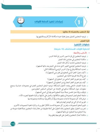 115
145
‫دقيقة‬
‫األولى‬ ‫ة‬ ّ‫الحص‬ ‫تنفيذ‬ ‫إجراءات‬
)‫دقائق‬ 5( :‫والتهيئة‬ ‫التمهيد‬ : ً‫أول‬
÷÷.‫بها‬ ‫ومناقشتهم‬ ‫األركان‬ ‫متكاملة‬ ‫مفيدة‬ ‫فعلية‬ ‫بجمل‬ ‫للتمثيل‬ ‫المتعلمين‬ ‫توجيه‬
‫العرض‬ :‫ا‬ ً‫ثاني‬
‫التنفيذ‬ ‫خطوات‬
:)‫دقيقة‬ 15( ‫االستكشاف‬ :‫األولى‬ ُ‫الخطوة‬
»»:‫واألنشطة‬ ‫األساليب‬
÷÷.‫الدرس‬ ‫أمثلة‬ ‫ثم‬ ‫الدرس‬ ‫صور‬ ‫قراءة‬ ‫إلى‬ ‫المتعلمين‬ ‫توجيه‬
÷÷.‫الجمل‬ ‫تلك‬ ‫مضامين‬ ‫في‬ ‫المتعلمين‬ ‫مناقشة‬
÷÷.‫الجمل‬ ‫تلك‬ ‫أركان‬ ‫لتحديد‬ ‫المتعلمين‬ ‫توجيه‬
÷÷.‫للمجهول‬ ‫بنائها‬ ‫بعد‬ ‫الجمل‬ ‫في‬ ‫حدث‬ ‫الذي‬ ‫التغيير‬ ‫لتوضيح‬ ‫المتعلمين‬ ‫توجيه‬
÷÷:‫التالي‬ )‫الرئيسي(المشكلة‬ ‫الدرس‬ ‫سؤال‬ ‫وطرح‬ ‫المشكلة‬ ‫تحديد‬
÷÷.)‫للمجهول؟‬ ‫مبني‬ ‫فعل‬ ‫إلى‬ ‫للمعلوم‬ ‫المبني‬ ‫الفعل‬ ‫نحول‬ ‫(كيف‬
÷÷:‫المتعلمين‬ ‫على‬ ‫التالية‬ ‫الفرعية‬ ‫األسئلة‬ ‫طرح‬
÷÷‫المجهول؟‬ ‫إلى‬ ‫المعلوم‬ ‫من‬ ‫الماضي‬ ‫الفعل‬ ‫تحويل‬ ‫يتم‬ ‫كيف‬
÷÷‫المجهول؟‬ ‫إلى‬ ‫المعلوم‬ ‫من‬ ‫المضارع‬ ‫الفعل‬ ‫تحويل‬ ‫يتم‬ ‫كيف‬
÷÷‫وجمع‬ ،‫خماسية‬ ‫مجموعات‬ ‫في‬ ‫للعمل‬ ‫المتعلمين‬ ‫المعلم‬ ‫توجيه‬ :‫للمشكلة‬ ‫الحلول‬ ‫وتعدد‬ ‫الذهني‬ ‫العصف‬ ‫جلسة‬
.‫المطروحين‬ ‫السابقين‬ ‫السؤالين‬ ‫عن‬ ‫اإلجابة‬ ‫في‬ ‫تساهم‬ ‫المشكلة‬ ‫حول‬ ‫معلومات‬
÷÷.‫للمجهول‬ ‫المبني‬ ‫إلى‬ ‫لتحويلها‬ ‫للمعلوم‬ ‫مبنية‬ ً‫جمل‬ ‫تتضمن‬ ‫عمل‬ ‫ورقة‬ ‫توظيف‬
÷÷.‫األداء‬ ‫لتجويد‬ ‫دافعيتها‬ ‫وإثارة‬ ،‫تذليلها‬ ‫على‬ ‫والعمل‬ ،‫مشكالتها‬ ‫وتفهم‬ ‫المجموعاتن‬ ‫لعمل‬ ‫المعلم‬ ‫متابعة‬
÷÷.‫بها‬ ‫ومجموعته‬ ‫ومناقشته‬ ،‫ا‬ًّ‫ي‬‫ن‬‫و‬‫إلكتر‬ ‫أو‬ ‫ا‬ًّ‫ي‬‫ورق‬ ‫مجموعته‬ ‫لنتاجات‬ ‫مجموعة‬ ‫كل‬ ‫قائد‬ ‫عرض‬
÷÷.‫وغربلتها‬ ‫إليها‬ ‫التوصل‬ ‫تم‬ ‫التي‬ ‫البدائل‬ ‫تقويم‬
÷÷.‫األخرى‬ ‫المجموعات‬ ‫دافعية‬ ‫وإثارة‬ ،‫تطويرية‬ ‫ا‬ً‫أفكار‬ ‫قدمت‬ ‫مجموعة‬ ‫كل‬ ‫وتعزيز‬ ،‫المجموعات‬ ‫المعلم‬ ‫تقييم‬
÷÷‫من‬ ‫متنوعة‬‫فعلية‬ ً‫جمل‬‫المتعلمين‬ ‫إنشاء‬ ‫خالل‬ ‫من‬ ‫تطبيقية‬‫أمثلة‬ ‫على‬‫الحلول‬‫تلك‬‫المتعلمون‬ ‫يطبق‬:‫الحلول‬‫تجريب‬
.‫للمجهول‬‫بنائها‬‫ثم‬،‫للمعلوم‬‫مبنية‬‫المتعلم‬‫بيئة‬
÷÷.‫وتطويرها‬ ‫تقويمها‬ ‫على‬ ‫والعمل‬ ‫المتعلمين‬ ‫أعمال‬ ‫مناقشة‬
 