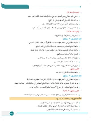 119
»»:)3( ‫النشاط‬ ‫إجابات‬
÷÷.‫آخره‬ ‫على‬ ‫الظاهرة‬ ‫الضمة‬ ‫رفعه‬ ‫وعالمة‬ ‫مرفوع‬ ‫للمجهول‬ ‫مبني‬ ‫مضارع‬ ‫فعل‬ :‫يلدغ‬ -‫أ‬
÷÷.‫الفتح‬ ‫على‬ ‫مبني‬ ‫للمجهول‬ ‫مبني‬ ‫ماض‬ ‫فعل‬ ‫نفذ‬ -‫ب‬
÷÷.‫مثنى‬ ‫ألنه‬ ‫األلف؛‬ ‫رفعه‬ ‫وعالمة‬ ‫مرفوع‬ ‫فاعل‬ ‫نائب‬ :‫نامجان‬‫ر‬‫ب‬
÷÷.‫سالم‬ ‫مذكر‬ ‫جمع‬ ‫ألنه‬ ‫الواو؛‬ ‫رفعه‬ ‫وعالمة‬ ‫مرفوع‬ ‫فاعل‬ ‫نائب‬ :‫الفائزون‬ -‫ج‬
»»:)4( ‫النشاط‬ ‫إجابات‬
÷÷.‫ج-المتفوقون‬ ‫اللوحتان‬ -‫ب‬ ‫المريض‬ -‫أ‬
)‫دقائق‬ 7( :‫التطبيق‬ ‫تابع‬
÷÷.‫المدرسي‬ ‫الكتاب‬ ‫خالل‬ ‫من‬ ‫ا‬ًّ‫ي‬‫فرد‬ )4( ‫رقم‬ ‫النشاط‬ ‫مع‬ ‫التعامل‬ ‫إلى‬ ‫المتعلمين‬ ‫توجيه‬
÷÷.‫السليم‬ ‫الحل‬ ‫في‬ ‫التفكير‬ ‫لمواصلة‬ ‫وتشجيعهم‬ ،‫للمتعلمين‬ ‫المعلم‬ ‫متابعة‬
÷÷.‫العرض‬ ‫شاشة‬ ‫أو‬ ‫العادية‬ ‫السبورة‬ ‫وتوظيف‬ ،‫وإثراؤها‬ ،‫المتعلمين‬ ‫نتاجات‬ ‫مناقشة‬
÷÷.‫بمشاركتهم‬ ‫المتعلمين‬ ‫أعمال‬ ‫تقويم‬
÷÷.‫للتعلم‬ ‫اآلخرين‬ ‫دافعية‬ ‫وإثارة‬ ،‫السليمة‬ ‫المتعلمين‬ ‫استجابات‬ ‫تعزيز‬
÷÷.‫المتعلمين‬ ‫لدى‬ ‫الشائعة‬ ‫األخطاء‬ ‫معالجة‬
÷÷.‫وعالجية‬ ‫إثرائية‬ ‫احتياجاتهم‬ ‫تلبي‬ ،‫متنوعة‬ ‫بأنشطة‬ ‫المتعلمين‬ ‫خبرات‬ ‫تعزيز‬
»»:‫البنائي‬ ‫التقويم‬
÷÷.‫وتقويمه‬ )4( ‫رقم‬ ‫نشاط‬ ‫تنفيذ‬ ‫متابعة‬
)‫دقائق‬ 7( :‫التطبيق‬ ‫تابع‬
÷÷.‫خماسية‬ ‫مجموعات‬ ‫خالل‬ ‫من‬ ‫ا‬ًّ‫ي‬ ِ‫ر‬َ‫م‬ُ‫ز‬ )5( ‫رقم‬ ‫النشاط‬ ‫مع‬ ‫التعامل‬ ‫إلى‬ ‫المتعلمين‬ ‫توجيه‬
÷÷.‫المعلم‬ ‫وبمساعدة‬ ،‫ذلك‬ ‫مناقشة‬ ‫إلى‬ ‫المتعلمين‬ ‫المعلم‬ ‫ودعوة‬ ،‫بشأنه‬ ‫االتفاق‬ ‫تم‬ ‫لما‬ ‫مجموعة‬ ‫كل‬ ‫قائد‬ ‫عرض‬
÷÷.‫عرض‬ ‫ما‬ ‫خالل‬ ‫من‬ ‫للنشاط‬ ‫السليمة‬ ‫اإلجابات‬ ‫صوغ‬ ‫على‬ ‫المتعلمين‬ ‫المعلم‬ ‫توجيه‬
»»:)‫دقائق‬ 7( :‫البنائي‬ ‫التقويم‬
÷÷.‫الطلبة‬ ‫بمشاركة‬ ‫وتقويمه‬ ‫الطلبة‬ ‫عنه‬ ‫عبر‬ ‫ما‬ ‫مالحظة‬ ‫خالل‬ ‫من‬ )5( ‫رقم‬ ‫نشاط‬ ‫تنفيذ‬ ‫متابعة‬
)‫دقائق‬ 5( : .‫الختامي‬ ‫التقويم‬ :‫ا‬ ً‫ثالث‬
÷÷‫للمجهول؟‬ ‫المبنية‬ ‫والجمل‬ ‫للمعلوم‬ ‫المبنية‬ ‫الجمل‬ ‫بين‬ ‫نميز‬ ‫كيف‬
÷÷.)‫القصة‬ ‫الطالب‬ ‫(يقرأ‬ ‫المجهول‬ ‫إلى‬ ‫المعلوم‬ ‫من‬ ‫التالية‬ ‫الجملة‬ ‫حول‬
÷÷‫للمجهول‬ ‫بنائها‬ ‫عند‬ ‫الجملة‬ ‫في‬ ‫حدث‬ ‫الذي‬ ‫التغيير‬ ‫ما‬
 