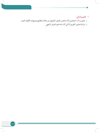 127
»»:‫البنائي‬ ‫التقويم‬
÷÷.‫العمل‬ ‫لكيفية‬ ‫توجيهات‬ ‫إعطائهم‬ ‫خالل‬ ‫من‬ ،ّ‫الشفوي‬ ‫العرض‬ ‫تحضير‬ ‫أثناء‬ ‫المتعلمين‬ ‫أداء‬ ‫تصويب‬
÷÷.‫الشفهي‬ ‫العرض‬ ‫إعدادهم‬ ‫أثناء‬ ‫اتي‬ّ‫الذ‬ ‫التقويم‬ ‫معايير‬ ‫مراعاة‬
 