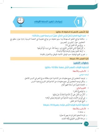 70
145
‫دقيقة‬
‫األولى‬ ‫ة‬ ّ‫الحص‬ ‫تنفيذ‬ ‫إجراءات‬
)‫دقائق‬ 5( :)‫الحافزة‬ ‫(التهيـئة‬ ‫د‬‫مهي‬ َّ‫الت‬ : ً‫أول‬
»».)ِ‫ة‬ َ‫ش‬َ‫ق‬‫نا‬ُ‫والم‬ ِ‫وار‬ِ‫الح‬ ‫ة‬ّ‫ي‬‫(إستراتيج‬ ُ‫تطبيق‬ :ِ‫م‬ّ‫ل‬‫ع‬ُ‫الم‬ ِ‫ّميل‬‫ز‬‫لل‬ ُ‫ن‬ِ‫ك‬ْ‫م‬ُ‫ي‬:ِ‫الحافزة‬ ِ‫ّهيئة‬‫ت‬‫ال‬ ‫لتنفيذ‬
÷÷‫مع‬ ‫منظم‬ ‫حوار‬ ‫إدارة‬ ،‫الدرسية‬ ‫الحصة‬ ‫في‬ ‫تعليمية‬ ‫نواتج‬ ‫من‬ ‫تحقيقه‬ ‫سيتم‬ ‫وما‬ ‫المستهدفة‬ ‫التعلم‬ ‫نواتج‬ ‫مناقشة‬
.‫البصريين‬ ‫المثيرين‬ ‫حول‬ ‫المتعلمين‬
‫(أ)؟‬ ‫في‬ ُ‫ور‬ ُّ‫الص‬ َ‫َك‬‫ل‬ ‫حي‬ْ‫و‬ُ‫ت‬ َ‫م‬ِ‫ب‬
‫ها؟‬ُ‫ح‬َ‫ر‬ ْ‫ش‬َ‫أ‬ َّ‫ُم‬‫ث‬ ،)‫(ب‬ ‫في‬ – ُ‫ه‬‫الل‬ ُ‫ه‬َ‫م‬ِ‫ح‬َ‫ر‬ – ٍ‫د‬ِ‫زاي‬ ِ‫خ‬ْ‫ي‬ َّ‫الش‬ ِ‫س‬ ِّ‫س‬َ‫ؤ‬ُ‫الم‬ ‫ْباني‬‫ل‬‫ا‬ َ‫َة‬‫ل‬‫و‬‫ق‬َ‫م‬ ُ‫أ‬‫ْر‬‫ق‬َ‫أ‬
.)ٌ‫ماء‬ِ‫ت‬ْ‫ن‬‫ا‬َ‫و‬ ٌ‫(والء‬ ِ‫ة‬َ‫د‬ْ‫ح‬َ‫الو‬ ِ‫وان‬ْ‫ن‬ِ‫ع‬ِ‫ب‬ َ‫ر‬ َ‫و‬ ُّ‫الص‬ ُ‫ط‬ُ‫ب‬ ْ‫ر‬َ‫أ‬
÷÷.‫بالقيادة‬ ‫واالعتزاز‬ ،‫للوطن‬ ‫االنتماء‬ ،‫الوطن‬ ‫حب‬ :‫الوطنية‬ ‫القيم‬ ‫تعزيز‬
)‫دقيقة‬ 30( :‫العرض‬ :‫ا‬ ً‫ثاني‬
‫التنفيذ‬ ‫خطوات‬
)‫دقائق‬ 10( )‫ا‬ ًّ‫عام‬ ‫ا‬ ً‫فهم‬ َّ‫ص‬َّ‫ن‬‫ال‬ ‫(أفهم‬ :‫األولى‬ ‫الخطوة‬
»»:‫واألنشطة‬ ‫األساليب‬
:‫منهجي‬ ‫توجيه‬
÷÷.‫الالحق‬ ‫الدرس‬ ‫في‬ ‫النص‬ ‫مبدع‬ ‫بطاقة‬ ‫لملء‬ ،‫الشاعرة‬ ‫عن‬ ‫معلومات‬ ‫جمع‬ ‫إلى‬ ‫المتعلمين‬ ‫توجيه‬
÷÷.‫الدرس‬ ‫بتنفيذ‬ ‫الشروع‬ ‫قبل‬ ‫الشاعرة‬ ‫عن‬ ‫معلومات‬ ‫جمع‬ ‫إلى‬ ‫المتعلمين‬ ‫توجيه‬ ‫يمكن‬
÷÷.‫العام‬ ‫الفهم‬ ‫أسئلة‬ ‫عن‬ ‫ا‬ًّ‫ي‬‫شفو‬ ‫اإلجابة‬
»»:‫البنائي‬ ‫التقويم‬
÷÷‫؟‬ ِّ‫ص‬ّ‫ن‬‫ال‬ ُ‫ع‬‫ضو‬ْ‫و‬َ‫م‬ ‫ما‬
÷÷.‫ا‬ِ‫ه‬ِ‫ن‬َ‫ط‬َ‫و‬ ْ‫ن‬َ‫ع‬ ُ‫ث‬َّ‫د‬َ‫ح‬َ‫ت‬َ‫ت‬ َ‫ة‬َ‫ر‬ِ‫اع‬ َّ‫الش‬ َّ‫ن‬َ‫أ‬ ‫لى‬َ‫ع‬ ِّ‫ص‬َّ‫ن‬‫ال‬ َ‫ن‬ِ‫م‬ ُ‫ِّل‬‫ل‬‫د‬ُ‫أ‬
÷÷‫؟‬ِ‫الد‬ِ‫ْب‬‫ل‬‫ا‬ ِ‫ش‬ْ‫ي‬َ‫ج‬ِ‫ب‬ ‫ها‬ِ‫زاز‬ِ‫ت‬ْ‫ع‬‫ا‬ ِ‫ن‬َ‫ع‬ ُ‫ة‬َ‫ر‬ِ‫اع‬ ّ‫الش‬ ِ‫ت‬َ‫ر‬َّ‫ب‬َ‫ع‬ ِ‫يات‬ْ‫ب‬َ‫أل‬‫ا‬ َ‫ن‬ِ‫م‬ ٍّ‫ي‬َ‫أ‬ ‫في‬
÷÷. ِّ‫ص‬َّ‫ن‬‫لل‬ َ‫ر‬َ‫خ‬‫آ‬ ‫ا‬ً‫ن‬‫وا‬ْ‫ن‬ُ‫ع‬ ُ‫ع‬ َ‫ض‬َ‫أ‬
)‫دقيقة‬ 30( )‫جهرية‬ ‫قراءة‬ ‫ص‬َّ‫ن‬‫ال‬ ‫(قراءة‬ ‫الثانية‬ ‫الخطوة‬
»»:‫واألنشطة‬ ‫األساليب‬
:1 ‫نشاط‬
÷÷.‫رة‬ِّ‫ب‬‫مع‬ ‫ة‬ّ‫ي‬‫جهر‬ ‫قراءة‬ ّ‫النص‬ ‫المعلم‬ ‫قراءة‬
÷÷.ِ‫د‬ َ‫س‬َ‫ْج‬‫ل‬‫ا‬ ‫ة‬َ‫غ‬ُ‫ل‬َ‫و‬ ّ‫ي‬ِ‫ت‬ْ‫و‬ َّ‫الص‬ ‫ْوين‬‫ل‬َّ‫ت‬‫ال‬ ‫مراعاة‬
 