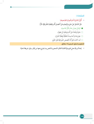 148
:3 ‫النشاط‬
»»:ِ‫ة‬ َ‫حيح‬ َّ‫الص‬ ِ‫ة‬َ‫بار‬ِ‫ع‬ْ‫ل‬‫ا‬ َ‫م‬‫ما‬َ‫أ‬ َ‫ة‬ َ‫ر‬ِ‫ائ‬ ّ‫الد‬ ُ‫ن‬ِّ‫و‬َ‫ل‬ُ‫أ‬
:َّ‫ن‬َ‫أل‬ ‫؛‬ِ‫ة‬َّ‫ي‬ِ‫راف‬ ُ‫الخ‬ ِ‫ة‬ َّ‫ص‬ِ‫الق‬ِ‫ب‬ ِ‫ه‬ِّ‫م‬ُ‫أ‬ ِ‫ضان‬ ْ‫ح‬َ‫أ‬ ْ‫ن‬َ‫ع‬ ِ‫ه‬ِ‫عاد‬ِ‫ت‬ْ‫ب‬‫ا‬َ‫و‬ ِ‫ه‬ِ‫ر‬َ‫ف‬ َ‫س‬ ْ‫ن‬َ‫ع‬ ُ‫ر‬ِ‫اع‬ ّ‫الش‬ َ‫ر‬َّ‫ب‬َ‫ع‬ 	
.ِ‫ه‬ِ‫فاصيل‬َ‫ت‬ ِّ‫ُل‬‫ك‬ِ‫ب‬ ُ‫ه‬َ‫ع‬َ‫م‬ ُ‫عيش‬َ‫ي‬ َ‫ن‬َ‫ط‬َ‫الو‬ 
. َ‫طول‬َ‫ي‬ ْ‫َن‬‫ل‬ ِ‫ه‬ِ‫ن‬َ‫ط‬َ‫و‬ َ‫و‬ ِ‫ه‬ِّ‫م‬ً‫أ‬ ْ‫ن‬َ‫ع‬ ُ‫ه‬َ‫د‬ْ‫ع‬ُ‫ب‬ َ‫و‬ ُ‫ه‬َ‫ر‬َ‫ف‬ َ‫س‬ 
.ِ‫ل‬ِ‫ز‬ْ‫ن‬َ‫م‬ْ‫ل‬‫ا‬ ِ‫َّة‬‫ط‬ِ‫ق‬ِ‫ب‬ ٌ‫ة‬ِ‫ِّق‬‫ل‬َ‫ع‬َ‫ت‬ُ‫م‬ ُ‫ه‬ َ‫حاسيس‬َ‫أ‬َ‫و‬ َ‫ه‬َ‫ح‬ِ‫وار‬َ‫ج‬ 
.ِ‫م‬ْ‫و‬َّ‫ن‬‫ال‬ َ‫ل‬ْ‫ب‬َ‫ق‬ َ‫ة‬َّ‫ي‬ِ‫راف‬ُ‫خ‬‫ال‬ َ‫ص‬ َ‫ص‬ِ‫ْق‬‫ل‬‫ا‬ ُ‫ه‬َ‫ل‬ ُ‫أ‬َ‫ر‬ْ‫ق‬َ‫ت‬ ْ‫ت‬َ‫ن‬‫كا‬ ‫أمه‬ 
‫ق‬‫دقائ‬ 5 )‫الدرس‬ ‫(غـلق‬ ‫التقويم‬
»».‫ة‬ّ‫ي‬‫ذهن‬ ‫خريطة‬ ‫وفق‬ ،‫كر‬ِ‫ف‬ ‫من‬ ‫عنها‬ ‫يتفرع‬ ‫وما‬ ‫للنص‬ ‫المحورية‬ ‫الفكرة‬ ‫لكتابة‬ ٍ‫ة‬ّ‫ي‬‫تقويم‬ ٍ‫عمل‬ ِ‫ورقة‬ ُ‫د‬‫إعدا‬
 