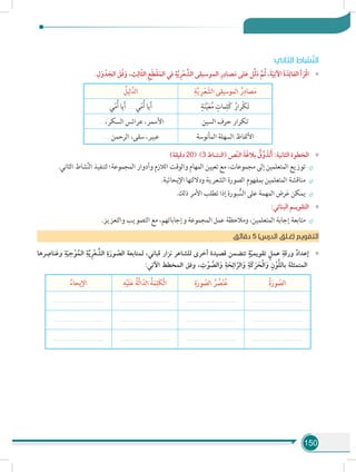 150
:‫الثاني‬ ‫شاط‬َّ‫ن‬‫ال‬
»».ِ‫ل‬َ‫و‬ ْ‫د‬ َ‫الج‬ َ‫ق‬ْ‫ف‬َ‫و‬ ، ِ‫ث‬ِ‫ال‬ّ‫ث‬‫ال‬ ِ‫ع‬َ‫ط‬ْ‫ق‬َ‫الم‬ ‫في‬ ِ‫ة‬َّ‫ي‬ِ‫ر‬ْ‫ع‬ ِّ‫الش‬ ‫الموسيقى‬ ِ‫ر‬ِ‫صاد‬َ‫م‬ ‫لى‬َ‫ع‬ ‫ل‬ِّ‫ل‬َ‫د‬ َّ‫م‬ُ‫ث‬ ،َ‫ة‬َ‫ي‬ِ‫اآلت‬ َ‫ة‬ َ‫د‬ِ‫الفائ‬ ‫أ‬ َ‫ر‬ْ‫ق‬‫ا‬
ِ‫ة‬َّ‫ي‬ ِ‫ر‬ْ‫ع‬ ّ‫الش‬ ‫الموسيقى‬ ُ‫ر‬ِ‫صاد‬َ‫م‬ُ‫ليل‬َّ‫الد‬
ٍ‫ة‬َ‫ن‬َّ‫ي‬َ‫ع‬ُ‫م‬ ٍ‫مات‬ِ‫َل‬‫ك‬ ُ‫ْرار‬‫ك‬َ‫ت‬‫ي‬ّ‫م‬ُ‫أ‬ ‫يا‬َ‫أ‬ ....... ‫ي‬ّ‫م‬ُ‫أ‬ ‫يا‬َ‫أ‬
‫السين‬ ‫حرف‬ ‫تكرار‬.......،‫السكر‬ ‫عرائس‬ ،‫األسمر‬
‫المأنوسة‬ ‫السهلة‬ ‫األلفاظ‬....... ‫الرحمن‬ ،‫سقى‬ ،‫عبير‬
»»)‫دقيقة‬ 20( )3 ‫(النشاط‬ ‫ّص‬‫ن‬‫ال‬ َ‫ة‬َ‫غ‬‫بال‬ ُ‫ق‬َّ‫و‬ َ‫َذ‬‫ت‬َ‫أ‬ :‫الثانية‬ ‫الخطوة‬
÷÷.‫الثاني‬ ‫شاط‬َّ‫ن‬‫ال‬ ‫لتنفيذ‬ ‫المجموعة؛‬ ‫وأدوار‬ ‫الالزم‬ ‫والوقت‬ ‫المهام‬ ‫تعيين‬ ‫مع‬ ،‫مجموعات‬ ‫إلى‬ ‫المتعلمين‬ ‫توزيع‬
÷÷.‫اإليحائية‬ ‫وداللتها‬ ‫الشعرية‬ ‫الصورة‬ ‫بمفهوم‬ ‫المتعلمين‬ ‫مناقشة‬
÷÷.‫ذلك‬ ‫األمر‬ ‫تطلب‬ ‫إذا‬ ‫بورة‬ ُّ‫الس‬ ‫على‬ ‫المهمة‬ ‫رض‬َ‫ع‬ ‫يمكن‬
»»:‫البنائي‬ ‫التقويـم‬
÷÷.‫والتعزيز‬ ‫التصويب‬ ‫مع‬ ،‫وإجاباتهم‬ ‫المجموعة‬ ‫عمل‬ ‫ومالحظة‬ ،‫المتعلمين‬ ‫إجابة‬ ‫متابعة‬
‫ق‬‫دقائ‬ 5 )‫الدرس‬ ‫(غـلق‬ ‫التقويم‬
»»‫رها‬ ِ‫ناص‬َ‫ع‬‫و‬ ِ‫ة‬َ‫ي‬ِ‫ح‬ْ‫و‬ُ‫الم‬ ِ‫ة‬َّ‫ي‬ِ‫ر‬ْ‫ع‬ ِّ‫الش‬ ِ‫ة‬َ‫ور‬ ّ‫الص‬ ‫لمتابعة‬ ،‫قباني‬ ‫نزار‬ ‫للشاعر‬ ‫أخرى‬ ‫قصيدة‬ ‫تتضمن‬ ٍ‫ة‬ّ‫ي‬‫تقويم‬ ٍ‫عمل‬ ِ‫ورقة‬ ُ‫د‬‫إعدا‬
:‫اآلتي‬ ‫المخطط‬ ‫وفق‬ ، ِ‫ت‬ْ‫و‬ َّ‫الص‬َ‫و‬ ِ‫ة‬ َ‫ح‬ِ‫ائ‬ ّ‫الر‬َ‫و‬ ِ‫َة‬‫ك‬ َ‫ر‬ َ‫ح‬ْ‫ل‬‫ا‬َ‫و‬ ِ‫ن‬ْ‫و‬َّ‫ل‬‫بال‬ ‫المتمثلة‬
ُ‫ة‬َ‫ور‬ ّ‫الص‬ِ‫ة‬َ‫ور‬ ّ‫الص‬ ُ‫ر‬ ُ‫ص‬ْ‫ن‬ُ‫ع‬ِ‫ه‬ْ‫ي‬َ‫ل‬َ‫ع‬ ُ‫َّة‬‫ل‬‫ا‬ّ‫الد‬ ُ‫ة‬َ‫م‬ِ‫َل‬‫ك‬ْ‫ل‬‫ا‬ُ‫اإليحاء‬
................................................................................................................................................................................................
................................................................................................................................................................................................
................................................................................................................................................................................................
 