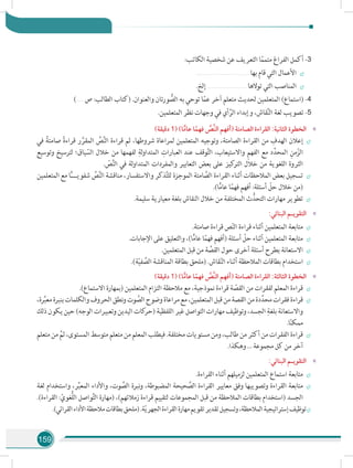 159
:‫الكاتب‬ ‫شخصية‬ ‫عن‬ ‫التعريف‬ ‫ا‬ً‫م‬‫متم‬ ‫الفراغ‬ ‫أكمل‬ -3
÷÷................................................... ‫بها‬ ‫قام‬ ‫التي‬ ‫األعمال‬
÷÷.‫إلخ‬ ...................................... ‫توالها‬ ‫التي‬ ‫المناصب‬
)....... ‫ص‬ :‫الطالب‬ ‫(كتاب‬ .‫والعنوان‬ ‫ورتان‬ ُّ‫الص‬ ‫به‬ ‫توحي‬ ‫ا‬ّ‫م‬‫ع‬ ‫آخر‬ ‫متعلم‬ ‫لحديث‬ ‫المتعلمين‬ )‫(استماع‬ -4
.‫المتعلمين‬ ‫نظر‬ ‫وجهات‬ ‫في‬ ‫أي‬َّ‫الر‬ ‫وإبداء‬ ،‫قاش‬ِّ‫ن‬‫ال‬ ‫لغة‬ ‫تصويب‬ -5
»»)‫دقيقة‬ 1( )‫ا‬ًّ‫عام‬ ‫ا‬ً‫فهم‬ َّ‫َّص‬‫ن‬‫ال‬ ‫(أفهم‬ ‫الصامتة‬ ‫القراءة‬ :‫الثانية‬ ‫الخطوة‬
÷÷‫في‬ ً‫صامتة‬ ً‫ة‬‫قراء‬ ‫ر‬ َّ‫المقر‬ ِّ‫ص‬َّ‫ن‬‫ال‬ ‫قراءة‬ ‫ثم‬ ،‫شروطها‬ ‫لمراعاة‬ ‫المتعلمين‬ ‫وتوجيه‬ ،‫الصامتة‬ ‫القراءة‬ ‫من‬ ِ‫الهدف‬ ‫إعالن‬
‫وتوسيع‬ ‫لترسيخ‬ ‫ياق؛‬ ّ‫الس‬ ‫خالل‬ ‫من‬ ‫لفهمها‬ ِ‫لة‬‫و‬‫المتدا‬ ِ‫العبارات‬ ‫عند‬ ‫وقف‬َّ‫ت‬‫ال‬ ،‫واالستيعاب‬ ِ‫م‬‫الفه‬ ‫مع‬ ‫د‬َّ‫المحد‬ ِ‫من‬ّ‫الز‬
. ّ‫ص‬َّ‫ن‬‫ال‬ ‫في‬ ‫لة‬‫و‬‫المتدا‬ ‫والمفردات‬ ‫التعابير‬ ‫بعض‬ ‫على‬ ‫كيز‬‫التر‬ ‫خالل‬ ‫من‬ ‫اللغوية‬ ‫الثروة‬
÷÷‫المتعلمين‬ ‫مع‬ ‫ا‬ًّ‫ـ‬‫شفويــ‬ ِّ‫ص‬َّ‫ن‬‫ال‬ ‫مناقشة‬ ،‫واالستفسار‬ ‫ذكر‬َّ‫ت‬‫لل‬ ‫الموجزة‬ ‫امتة‬ َّ‫الص‬ ‫القراءة‬ ‫أثناء‬ ‫المالحظات‬ ‫بعض‬ ‫تسجيل‬
.)‫ا‬ًّ‫م‬‫عا‬ ‫ا‬ً‫فهم‬ ‫أفهم‬ :‫أسئلة‬ ّ‫حل‬ ‫خالل‬ ‫(من‬
÷÷.‫سليمة‬ ‫معيارية‬ ‫بلغة‬ ‫النقاش‬ ‫خالل‬ ‫من‬ ‫المختلفة‬ ‫ث‬ُّ‫التحد‬ ‫مهارات‬ ‫تطوير‬
»»:‫البنائي‬ ‫التقويـم‬
÷÷.‫صامتة‬ ‫قراءة‬ ‫ص‬ّ‫ن‬‫ال‬ ‫قراءة‬ ‫أثناء‬ ‫المتعلمين‬ ‫متابعة‬
÷÷.‫اإلجابات‬ ‫على‬ ‫والتعليق‬ ،)‫ا‬ًّ‫م‬‫عا‬ ‫ا‬ً‫فهم‬ ‫(أفهم‬ ‫أسئلة‬ ّ‫حل‬ ‫أثناء‬ ‫المتعلمين‬ ‫متابعة‬
÷÷.‫المتعلمين‬ ‫قبل‬ ‫من‬ ‫ة‬ َّ‫القص‬ ‫حول‬ ‫أخرى‬ ‫أسئلة‬ ‫بطرح‬ ‫االستعانة‬
÷÷.)‫ة‬ّ‫ي‬‫ف‬ َّ‫الص‬ ‫المناقشة‬ ‫بطاقة‬ ‫(ملحق‬ .‫قاش‬ّ‫ن‬‫ال‬ ‫أثناء‬ ‫المالحظة‬ ‫بطاقات‬ ‫استخدام‬
»»)‫دقيقة‬ 1( )‫ا‬ًّ‫عام‬ ‫ا‬ً‫فهم‬ َّ‫َّص‬‫ن‬‫ال‬ ‫(أفهم‬ ‫الصامتة‬ ‫القراءة‬ :‫الثالثة‬ ‫الخطوة‬
÷÷.)‫االستماع‬ ‫(بمهارة‬ ‫المتعلمين‬ ‫التزام‬ ‫مالحظة‬ ‫مع‬ ،‫نموذجية‬ ‫قراءة‬ ‫ة‬ ّ‫القص‬ ‫من‬ ‫لفقرات‬ ‫المعلم‬ ‫قراءة‬
÷÷،‫رة‬ِّ‫ب‬‫مع‬‫بنبرة‬‫والكلمات‬‫الحروف‬‫نطق‬‫و‬‫وت‬ َّ‫الص‬‫وضوح‬‫مراعاة‬‫مع‬،‫المتعلمين‬‫قبل‬‫من‬‫القصة‬‫من‬‫دة‬َّ‫محد‬‫فقرات‬‫قراءة‬
‫ذلك‬‫يكون‬‫حين‬)‫الوجه‬‫وتعبيرات‬‫اليدين‬‫كات‬‫(حر‬‫اللفظية‬‫غير‬‫التواصل‬‫مهارات‬‫وتوظيف‬،‫الجسد‬ ِ‫بلغة‬‫واالستعانة‬
.‫ا‬ً‫ن‬‫ممك‬
÷÷‫متعلم‬‫من‬ َّ‫ثم‬،‫المستوى‬‫متوسط‬‫متعلم‬‫من‬‫المعلم‬‫فيطلب‬.‫مختلفة‬‫مستويات‬‫ومن‬،‫طالب‬‫من‬‫أكثر‬‫من‬‫الفقرات‬‫قراءة‬
.‫وهكذا‬...‫مجموعة‬‫كل‬‫من‬‫آخر‬
»»:‫البنائي‬ ‫التقويـم‬
÷÷.‫القراءة‬ ‫أثناء‬ ‫لزميلهم‬ ‫المتعلمين‬ ‫استماع‬ ‫متابعة‬
÷÷‫لغة‬ ‫واستخدام‬ ،‫ر‬ِّ‫ب‬‫المع‬ ‫واألداء‬ ،‫وت‬ َّ‫الص‬ ‫نبرة‬‫و‬ ،‫المضبوطة‬ ‫حيحة‬ َّ‫الص‬ ‫القراءة‬ ‫معايير‬ ‫وفق‬ ‫وتصويبها‬ ‫القراءة‬ ‫متابعة‬
.)‫القراءة‬ :ّ‫ُّغوي‬‫ل‬‫ال‬ ‫واصل‬َّ‫ت‬‫ال‬ ‫(مهارة‬ ،)‫زمالئهم‬ ‫قراءة‬ ‫لتقييم‬ ‫المجموعات‬ ‫قبل‬ ‫من‬ ‫المالحظة‬ ‫بطاقات‬ ‫(استخدام‬ ‫الجسد‬
÷÷.)‫القرائي‬‫األداء‬‫مالحظة‬‫بطاقات‬‫(ملحق‬.‫ة‬ّ‫ي‬‫الجهر‬‫القراءة‬‫مهارة‬‫تقويم‬‫تقدير‬‫وتسجيل‬،‫المالحظة‬‫إستراتيجية‬‫توظيف‬
 