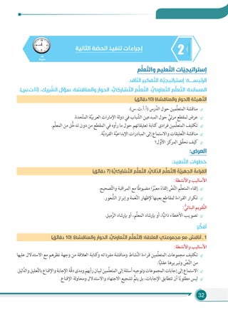 32
245
‫دﻗﻴﻘﺔ‬
‫اﻟﺜﺎﻧﻴﺔ‬ ‫ﺔ‬ ّ‫اﻟﺤﺼ‬ ‫ﺗﻨﻔﻴﺬ‬ ‫إﺟﺮاءات‬
‫ﻢ‬ ‫ﱡ‬‫ﻌﻠ‬ ‫ﱠ‬‫واﻟﺘ‬ ‫ﻌﻠﻴﻢ‬ ‫ﱠ‬‫اﻟﺘ‬ ‫ﺎت‬ ّ‫إﺳﺘﺮاﺗﻴﺠﻴ‬
‫ﺎﻗﺪ‬ّ‫ﻨ‬‫اﻟ‬ ‫ﻔﻜﻴﺮ‬ ‫ﱠ‬‫اﻟﺘ‬ ‫ﺔ‬ ‫ﱠ‬‫إﺳﺘﺮاﺗﻴﺠﻴ‬ :‫اﻟﺮﺋﻴﺴــــﺔ‬
.(‫)أ.أ.ت.س‬ ،‫ﺮﻳﻚ‬ ‫ﱠ‬‫اﻟﺸ‬ ‫ﺳﺆال‬ ،‫واﻟﻤﻨﺎﻗﺸﺔ‬ ‫اﻟﺤﻮار‬ ، ‫ﱡ‬‫ﺸﺎرﻛﻲ‬ ‫ﱠ‬‫اﻟﺘ‬ ‫ﻢ‬‫ﱡ‬‫ﻠ‬‫ﻌ‬ ‫ﱠ‬‫اﻟﺘ‬ ، ‫ﱡ‬‫ﻌﺎوﻧﻲ‬ ‫ﱠ‬‫اﻟﺘ‬ ‫ﻢ‬‫ﱡ‬‫ﻠ‬‫ﻌ‬ ‫ﱠ‬‫اﻟﺘ‬ :‫اﻟﻤﺴﺎﻧﺪة‬
(‫)01دﻗﺎﺋﻖ‬ (‫واﻟﻤﻨﺎﻗﺸﺔ‬ ‫)اﻟﺤﻮار‬ ‫ﻬﻴﺌﺔ‬ ّ‫اﻟﺘ‬
.(‫)أ.أ.ت.س‬ ‫رس‬َّ‫اﻟﺪ‬ ‫ﺣﻮل‬ ‫ِّﻤﻴﻦ‬‫ﻠ‬‫اﻟﻤﺘﻌ‬ ‫ﻣﻨﺎﻗﺸﺔ‬
.‫ﺤﺪة‬َّ‫ﺘ‬‫اﻟﻤ‬ ‫ﺔ‬َّ‫ﻴ‬‫اﻟﻌﺮﺑ‬ ‫اﻹﻣﺎرات‬ ‫ﻟﺔ‬‫و‬‫د‬ ‫ﻓﻲ‬ ‫ﺒﺎب‬ َّ‫اﻟﺸ‬ ‫اﻟﻤﺒﺪﻋﻴﻦ‬ ‫ﺣﻮل‬ ٍّ‫ﺋﻲ‬‫ﺮ‬‫ﻣ‬ ‫ﻟﻤﻘﻄﻊ‬ ‫ﻋﺮض‬
.‫ِّﻢ‬‫ﻠ‬‫اﻟﻤﻌ‬ ‫ﻣﻦ‬ ‫ﻞ‬ُّ‫ﺧ‬‫ﺗﺪ‬ ‫دون‬ ‫ﻣﻦ‬ ‫اﻟﻤﻘﻄﻊ‬ ‫ﻓﻲ‬ ‫رأوه‬ ‫ﻣﺎ‬ ‫ﺣﻮل‬ ‫ﺗﻌﻠﻴﻘﺎﺗﻬﻢ‬ ‫ﻛﺘﺎﺑﺔ‬ ‫ﻓﺮادى‬ ‫ِّﻤﻴﻦ‬‫ﻠ‬‫اﻟﻤﺘﻌ‬ ‫ﺗﻜﻠﻴﻒ‬
.‫ﺔ‬َّ‫ﻳ‬‫اﻟﻔﺮد‬ ‫ﺔ‬َّ‫ﻴ‬‫اﻹﺑﺪاﻋ‬ ‫اﻟﻤﺒﺎدرات‬ ‫إﻟﻰ‬ ‫واﻻﺳﺘﻤﺎع‬ ‫ﻌﻠﻴﻘﺎت‬َّ‫ﺘ‬‫اﻟ‬ ‫ﻣﻨﺎﻗﺸﺔ‬
‫ل؟‬َّ‫اﻷو‬ ‫ﻛﺰ‬‫اﻟﻤﺮ‬ ‫ﻖ‬ِّ‫ﻘ‬‫ﻧﺤ‬ ‫ﻛﻴﻒ‬
:‫اﻟﻌﺮض‬
:‫ﻨﻔﻴﺬ‬ ‫ﱠ‬‫اﻟﺘ‬ ‫ﺧﻄﻮات‬
(‫دﻗﺎﺋﻖ‬ 7) ( ‫ﱡ‬‫ﺸﺎرﻛﻲ‬ ‫ﱠ‬‫اﻟﺘ‬ ‫ﻢ‬‫ﱡ‬‫ﻠ‬‫ﻌ‬ ‫ﱠ‬‫اﻟﺘ‬ ، ‫ﱡ‬‫اﺗﻲ‬ّ‫اﻟﺬ‬ ‫ﻢ‬‫ﱡ‬‫ﻠ‬‫ﻌ‬ ‫ﱠ‬‫)اﻟﺘ‬ ُ‫ﺔ‬‫ﱠ‬‫اﻟﺠﻬﺮﻳ‬ ُ‫اﻟﻘﺮاءة‬
:‫واﻷﻧﺸﻄﺔ‬ ‫اﻷﺳﺎﻟﻴﺐ‬
.‫ﺼﺤﻴﺢ‬َّ‫ﺘ‬‫واﻟ‬ ‫اﻟﻤﺮاﻗﺒﺔ‬ ‫ﻣﻊ‬ ‫ﺎ‬ً‫ﻃ‬‫ﻣﻀﺒﻮ‬ ‫ا‬ً‫ﺮ‬ِّ‫ﺒ‬‫ﻣﻌ‬ ً‫إﻟﻘﺎء‬ َّ‫ﺺ‬َّ‫ﻨ‬‫اﻟ‬ ‫ِّﻢ‬‫ﻠ‬‫اﻟﻤﺘﻌ‬ ‫إﻟﻘﺎء‬
.‫ﻌﻮر‬ ُّ‫اﻟﺸ‬ ‫وإﺑﺮاز‬ ‫ﻐﻤﺔ‬َّ‫ﻨ‬‫اﻟ‬ ‫ﻹﻇﻬﺎر‬ ‫ﺑﻌﻴﻨﻬﺎ‬ ‫ﻟﻤﻘﺎﻃﻊ‬ ‫اﻟﻘﺮاءة‬ ‫ﺗﻜﺮار‬
: ‫ﱡ‬‫اﻟﺒﻨﺎﺋﻲ‬ ‫ﱠﻘﻮﻳﻢ‬‫ﺘ‬‫اﻟ‬
.‫ﻣﻴﻞ‬َّ‫اﻟﺰ‬ ‫ﺑﺈرﺷﺎد‬ ‫أو‬ ،‫ِّﻢ‬‫ﻠ‬‫اﻟﻤﻌ‬ ‫ﺑﺈرﺷﺎد‬ ‫أو‬ ،‫ﺎ‬ًّ‫ﻴ‬‫ذاﺗ‬ ‫اﻷﺧﻄﺎء‬ ‫ﺗﺼﻮﻳﺐ‬
:‫ﺮ‬ ‫ﱢ‬‫أﻓﻜ‬
(‫دﻗﺎﺋﻖ‬ 10) :(‫واﻟﻤﻨﺎﻗﺸﺔ‬ ‫اﻟﺤﻮار‬ ، ‫ﱡ‬‫ﻌﺎوﻧﻲ‬ ‫ﱠ‬‫اﻟﺘ‬ ‫ﻢ‬‫ﱡ‬‫ﻠ‬‫ﻌ‬ ‫ﱠ‬‫)اﻟﺘ‬ :‫اﻟﻌﻼﻗﺔ‬ ‫ﻣﺠﻤﻮﻋﺘﻲ‬ ‫ﻣﻊ‬ ‫أﻧﺎﻗﺶ‬ ‫ـ‬ 1
:‫واﻷﻧﺸﻄﺔ‬ ‫اﻷﺳﺎﻟﻴﺐ‬
‫ﻋﻠﻴﻬﺎ‬ ‫اﻻﺳﺘﺪﻻل‬ ‫ﻣﻊ‬ ‫ﻧﻈﺮﻫﻢ‬ ‫وﺟﻬﺔ‬ ‫ﻣﻦ‬ ‫اﻟﻌﻼﻗﺔ‬ ‫ﻛﺘﺎﺑﺔ‬‫و‬ ‫ﻣﻔﺮداﺗﻪ‬ ‫وﻣﻨﺎﻗﺸﺔ‬ ‫ﺸﺎط‬َّ‫ﻨ‬‫اﻟ‬ ‫ﻗﺮاءة‬ ‫ِّﻤﻴﻦ‬‫ﻠ‬‫اﻟﻤﺘﻌ‬ ‫ﻣﺠﻤﻮﻋﺎت‬ ‫ﺗﻜﻠﻴﻒ‬
.‫ﺎ‬ًّ‫ﻴ‬‫ﻋﻘﻠ‬ ‫وﺗﺒﺮﻳﺮﻫﺎ‬ ِّ‫ﺺ‬َّ‫ﻨ‬‫اﻟ‬ ‫ﻣﻦ‬
.‫ﻟﻴﻞ‬َّ‫واﻟﺪ‬‫ﻌﻠﻴﻞ‬َّ‫ﺘ‬‫ﺑﺎﻟ‬‫واﻹﻗﻨﺎع‬‫اﻹﺟﺎﺑﺔ‬‫َّﺔ‬‫ﻗ‬‫د‬‫وﻣﺪى‬‫رأﻳﻬﻢ‬‫ﻟﺒﻴﺎن‬‫ِّﻤﻴﻦ‬‫ﻠ‬‫اﻟﻤﺘﻌ‬‫إﻟﻰ‬‫أﺳﺌﻠﺔ‬‫وﺗﻮﺟﻴﻪ‬‫اﻟﻤﺠﻤﻮﻋﺎت‬‫إﺟﺎﺑﺎت‬‫إﻟﻰ‬‫اﻻﺳﺘﻤﺎع‬
.‫اﻹﻗﻨﺎع‬ ‫ﻟﺔ‬‫و‬‫وﻣﺤﺎ‬ ‫واﻻﺳﺘﺪﻻل‬ ‫اﻻﺟﺘﻬﺎد‬ ‫ﺗﺸﺠﻴﻊ‬ ُّ‫ﻳﺘﻢ‬ ‫ﺑﻞ‬ ،‫اﻹﺟﺎﺑﺎت‬ ‫ﺗﺘﻄﺎﺑﻖ‬ ‫أن‬ ‫ﺎ‬ً‫ﺑ‬‫ﻣﻄﻠﻮ‬ ‫ﻟﻴﺲ‬
 