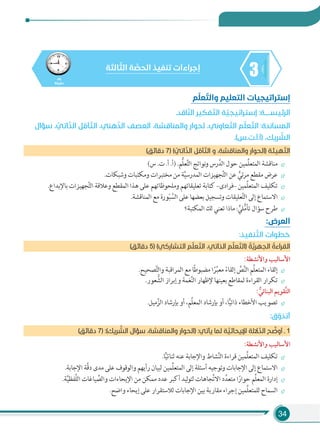 34
345
‫دﻗﻴﻘﺔ‬
‫ﺎﻟﺜﺔ‬ ّ‫اﻟﺜ‬ ‫ﺔ‬ ‫ﱠ‬‫اﻟﺤﺼ‬ ‫ﺗﻨﻔﻴﺬ‬ ‫إﺟﺮاءات‬
‫ﻢ‬ّ‫ﻠ‬‫ﻌ‬ ّ‫واﻟﺘ‬ ‫اﻟﺘﻌﻠﻴﻢ‬ ‫إﺳﺘﺮاﺗﻴﺠﻴﺎت‬
.‫ﺎﻗﺪ‬ّ‫ﻨ‬‫اﻟ‬ ‫ﻔﻜﻴﺮ‬ ّ‫اﻟﺘ‬ ‫ﺔ‬ ّ‫إﺳﺘﺮاﺗﻴﺠﻴ‬ :‫اﻟﺮﺋﻴﺴــــﺔ‬
‫ﺳﺆال‬ ، ّ‫اﺗﻲ‬ّ‫اﻟﺬ‬ ‫ﻞ‬ ّ‫ﺄﻣ‬ ّ‫اﻟﺘ‬ ،‫ﻫﻨﻲ‬ّ‫اﻟﺬ‬ ‫اﻟﻌﺼﻒ‬ ،‫واﻟﻤﻨﺎﻗﺸﺔ‬ ‫ﻟﺤﻮار‬ ،‫ﻌﺎوﻧﻲ‬ ّ‫اﻟﺘ‬ ‫ﻢ‬ّ‫ﻠ‬‫ﻌ‬ ّ‫اﻟﺘ‬ :‫اﻟﻤﺴﺎﻧﺪة‬
.(‫)أ.أ.ت.س‬ ،‫ﺮﻳﻚ‬ ّ‫اﻟﺸ‬
(‫دﻗﺎﺋﻖ‬ 7) ( ّ‫اﺗﻲ‬ّ‫اﻟﺬ‬ ‫ﻞ‬ ّ‫ﺄﻣ‬ ّ‫اﻟﺘ‬ ‫و‬ ،‫واﻟﻤﻨﺎﻗﺸﺔ‬ ‫)اﻟﺤﻮار‬ ‫ﻬﻴﺌﺔ‬ ّ‫اﻟﺘ‬
(‫س‬ .‫ت‬ .‫أ‬ .‫)أ‬ .‫ُّﻢ‬‫ﻠ‬‫ﻌ‬َّ‫ﺘ‬‫اﻟ‬ ‫ﻧﻮاﺗﺞ‬‫و‬ ‫رس‬َّ‫اﻟﺪ‬ ‫ﺣﻮل‬ ‫ِّﻤﻴﻦ‬‫ﻠ‬‫اﻟﻤﺘﻌ‬ ‫ﻣﻨﺎﻗﺸﺔ‬
.‫وﺷﺒﻜﺎت‬ ‫وﻣﻜﺘﺒﺎت‬ ‫ﻣﺨﺘﺒﺮات‬ ‫ﻣﻦ‬ ‫ﺔ‬َّ‫ﻴ‬‫اﻟﻤﺪرﺳ‬ ‫ﺠﻬﻴﺰات‬َّ‫ﺘ‬‫اﻟ‬ ‫ﻋﻦ‬ ٍّ‫ﺋﻲ‬‫ﺮ‬‫ﻣ‬ ‫ﻣﻘﻄﻊ‬ ‫ﻋﺮض‬
.‫ﺑﺎﻹﺑﺪاع‬ ‫ﺠﻬﻴﺰات‬َّ‫ﺘ‬‫اﻟ‬ ‫وﻋﻼﻗﺔ‬ ‫اﻟﻤﻘﻄﻊ‬ ‫ﻫﺬا‬ ‫ﻋﻠﻰ‬ ‫وﻣﻠﺤﻮﻇﺎﺗﻬﻢ‬ ‫ﺗﻌﻠﻴﻘﺎﺗﻬﻢ‬ ‫ﻛﺘﺎﺑﺔ‬ –‫–ﻓﺮادى‬ ‫ِّﻤﻴﻦ‬‫ﻠ‬‫اﻟﻤﺘﻌ‬ ‫ﺗﻜﻠﻴﻒ‬
.‫اﻟﻤﻨﺎﻗﺸﺔ‬ ‫ﻣﻊ‬ ‫ﻮرة‬ّ‫ﺒ‬ َّ‫اﻟﺴ‬ ‫ﻋﻠﻰ‬ ‫ﺑﻌﻀﻬﺎ‬ ‫وﺗﺴﺠﻴﻞ‬ ‫ﻌﻠﻴﻘﺎت‬َّ‫ﺘ‬‫اﻟ‬ ‫إﻟﻰ‬ ‫اﻻﺳﺘﻤﺎع‬
‫اﻟﻤﻜﺘﺒﺔ؟‬ ‫ﻟﻚ‬ ‫ﺗﻌﻨﻲ‬ ‫ﻣﺎذا‬ : ٍّ‫ﻠﻲ‬ُّ‫ﻣ‬‫ﺗﺄ‬ ‫ﺳﺆال‬ ‫ﻃﺮح‬
:‫اﻟﻌﺮض‬
:‫ﻨﻔﻴﺬ‬ ‫ﱠ‬‫اﻟﺘ‬ ‫ﺧﻄﻮات‬
(‫دﻗﺎﺋﻖ‬ 5) (‫اﻟﺘﺸﺎرﻛﻲ‬ ‫ﻢ‬ّ‫ﻠ‬‫ﻌ‬ ّ‫اﻟﺘ‬ ،‫اﻟﺬاﺗﻲ‬ ‫ﻢ‬ّ‫ﻠ‬‫ﻌ‬ ّ‫)اﻟﺘ‬ ُ‫ﺔ‬‫ﱠ‬‫اﻟﺠﻬﺮﻳ‬ ُ‫اﻟﻘﺮاءة‬
:‫واﻷﻧﺸﻄﺔ‬ ‫اﻷﺳﺎﻟﻴﺐ‬
.‫ﺼﺤﻴﺢ‬َّ‫ﺘ‬‫واﻟ‬ ‫اﻟﻤﺮاﻗﺒﺔ‬ ‫ﻣﻊ‬ ‫ﺎ‬ً‫ﻃ‬‫ﻣﻀﺒﻮ‬ ‫ا‬ً‫ﺮ‬ِّ‫ﺒ‬‫ﻣﻌ‬ ً‫إﻟﻘﺎء‬ َّ‫ﺺ‬َّ‫ﻨ‬‫اﻟ‬ ‫ِّﻢ‬‫ﻠ‬‫اﻟﻤﺘﻌ‬ ‫إﻟﻘﺎء‬
.‫ﻌﻮر‬ ُّ‫اﻟﺸ‬ ‫وإﺑﺮاز‬ ‫ﻐﻤﺔ‬َّ‫ﻨ‬‫اﻟ‬ ‫ﻹﻇﻬﺎر‬ ‫ﺑﻌﻴﻨﻬﺎ‬ ‫ﻟﻤﻘﺎﻃﻊ‬ ‫اﻟﻘﺮاءة‬ ‫ﺗﻜﺮار‬
: ‫ﱡ‬‫اﻟﺒﻨﺎﺋﻲ‬ ‫ﱠﻘﻮﻳﻢ‬‫ﺘ‬‫اﻟ‬
.‫ﻣﻴﻞ‬َّ‫اﻟﺰ‬ ‫ﺑﺈرﺷﺎد‬ ‫أو‬ ،‫ِّﻢ‬‫ﻠ‬‫اﻟﻤﻌ‬ ‫ﺑﺈرﺷﺎد‬ ‫أو‬ ،‫ﺎ‬ًّ‫ﻴ‬‫ذاﺗ‬ ‫اﻷﺧﻄﺎء‬ ‫ﺗﺼﻮﻳﺐ‬
:‫ق‬ ّ‫أﺗﺬو‬
(‫دﻗﺎﺋﻖ‬ 7) :(‫ﺮﻳﻚ‬ ‫ﱠ‬‫اﻟﺸ‬ ‫ﺳﺆال‬ ،‫واﻟﻤﻨﺎﻗﺸﺔ‬ ‫)اﻟﺤﻮار‬ :‫ﻳﺄﺗﻲ‬ ‫ﻟﻤﺎ‬ ‫ﺔ‬ ‫ﱠ‬‫اﻹﻳﺤﺎﺋﻴ‬ ‫ﻻﻟﺔ‬‫اﻟﺪﱢ‬ ‫ﺢ‬ ‫ﱢ‬‫أوﺿ‬ ‫ـ‬ 1
:‫واﻷﻧﺸﻄﺔ‬ ‫اﻷﺳﺎﻟﻴﺐ‬
.‫ﺎ‬ًّ‫ﻴ‬‫ﺛﻨﺎﺋ‬ ‫ﻋﻨﻪ‬ ‫واﻹﺟﺎﺑﺔ‬ ‫ﺸﺎط‬َّ‫ﻨ‬‫اﻟ‬ ‫ﻗﺮاءة‬ ‫ِّﻤﻴﻦ‬‫ﻠ‬‫اﻟﻤﺘﻌ‬ ‫ﺗﻜﻠﻴﻒ‬
.‫اﻹﺟﺎﺑﺔ‬ ‫َّﺔ‬‫ﻗ‬‫د‬ ‫ﻣﺪى‬ ‫ﻋﻠﻰ‬ ‫واﻟﻮﻗﻮف‬ ‫رأﻳﻬﻢ‬ ‫ﻟﺒﻴﺎن‬ ‫ِّﻤﻴﻦ‬‫ﻠ‬‫اﻟﻤﺘﻌ‬ ‫إﻟﻰ‬ ‫أﺳﺌﻠﺔ‬ ‫وﺗﻮﺟﻴﻪ‬ ‫اﻹﺟﺎﺑﺎت‬ ‫إﻟﻰ‬ ‫اﻻﺳﺘﻤﺎع‬
.‫ﺔ‬َّ‫ﻴ‬‫َّﻔﻈ‬‫ﻠ‬‫اﻟ‬ ‫ﻴﺎﻏﺎت‬ ِّ‫واﻟﺼ‬ ‫اﻹﻳﺤﺎءات‬ ‫ﻣﻦ‬ ‫ﻣﻤﻜﻦ‬ ‫ﻋﺪد‬ ‫أﻛﺒﺮ‬ ‫ﻟﻴﺪ‬‫ﻮ‬‫ﻟﺘ‬ ‫ﺠﺎﻫﺎت‬ِّ‫ﺗ‬‫اﻻ‬ ‫د‬ِّ‫ﻣﺘﻌﺪ‬ ‫ا‬ً‫ﺣﻮار‬ ‫ِّﻢ‬‫ﻠ‬‫اﻟﻤﻌ‬ ‫إدارة‬
.‫واﺿﺢ‬ ‫إﻳﺤﺎء‬ ‫ﻋﻠﻰ‬ ‫ﻟﻼﺳﺘﻘﺮار‬ ‫اﻹﺟﺎﺑﺎت‬ ‫ﺑﻴﻦ‬ ‫ﻣﻘﺎرﺑﺔ‬ ‫إﺟﺮاء‬ ‫ِّﻤﻴﻦ‬‫ﻠ‬‫ﻟﻠﻤﺘﻌ‬ ‫اﻟﺴﻤﺎح‬
 