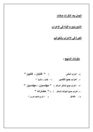 ‫ﺻﻔﺎت‬ ‫اﻟﻨﻜﺮات‬ ‫ﺑﻌﺪ‬ ‫اﻟﺠﻤﻞ‬
‫اﻹﻋﺮاب‬ ‫ﻓﻲ‬ ‫ﻗﺒﻠﮫ‬ ‫ﻣﺎ‬ ‫ﯾﺘﺒﻊ‬ ‫اﻟﺘﺎﺑﻊ‬
‫ﻓﻲ‬ ‫اﻟﻌﺒﺮة‬‫ﺑﺎﻟﺨﻮاﺗﯿﻢ‬ ‫اﻹﻋﺮاب‬
‫اﻟﻤﻨﮭﺞ‬ ‫ﻣﻜﻮﻧﺎت‬:
1-‫اﻟﻣﺛﻧﻰ‬ ‫اﻋراب‬:‫ﻛﺘﺎﺑﺎن‬ "-‫ﻛﺘﺎﺑﯿ‬" ‫ﻦ‬
٢-‫اﻟﺗﻛﺳﯾر‬ ‫ﺟﻣﻊ‬ ‫اﻋراب‬:"‫طﻼب‬–‫ﺗﻼﻣﯾذ‬"
٣-‫اﻟﺳﺎﻟم‬ ‫اﻟﻣذﻛر‬ ‫ﺟﻣﻊ‬ ‫اﻋراب‬:‫ﻣﮭﻨﺪﺳﻮن‬ "–" ‫ﻣﮭﻨﺪﺳﯿﻦ‬
٤-‫اﻟﺳﺎﻟم‬ ‫اﻟﻣؤﻧث‬ ‫ﺣﻣﻊ‬ ‫اﻋراب‬::"" ‫ﺣﻀﺎرات‬
5-‫اﻟﻔﺎﻋل‬:"" ‫اﻟدرس‬ ‫اﻟﻣﻌﻠم‬ ‫ﺷرح‬
 