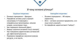 В чому основна різниця?
Соціальні ініціативи:
◈ Основне спрямування — брендинг,
◈ Передбачає активну участь компанії
насамперед та її взаємодію з
непрофільними організаціями, міською
владою, волонтерами тощо,
◈ Має переважно локальний ефект,
◈ Формує соціально активний статус компанії,
◈ При планування маркетингових активностей
дає ефективний результат,
◈ Переважно передбачає залучення власних
ресурсів, а не коштів.
Благодійні ініціативи:
◈ Основне спрямування — HR напрям
маркетингу,
◈ Мета — активне залучення працівників, а не
лише участь компанії,
◈ Не передбачає маркетингового “вибуху”.
 