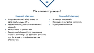 Що можна отримати?
Соціальні ініціативи:
◈ Напрацювання зв’язків (громадські
організації, влада, ЗМІ),
◈ Формування іміджу соціально-активної
компанії,
◈ Безкоштовне залучення ЗМІ,
◈ Поширення інформації про компанію за
межами звичної ЦА, що дозволить дізнатись
про Вас новим потенційним покупцям і
споживачам.
Благодійні ініціативи:
◈ Мотивація працівників,
◈ Покращення настроїв в колективі,
◈ Підвищення лояльності.
 