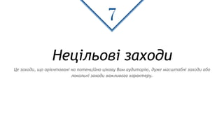 Нецільові заходи
7
Це заходи, що орієнтовані на потенційно цікаву Вам аудиторію, дуже масштабні заходи або
локальні заходи важливого характеру.
 