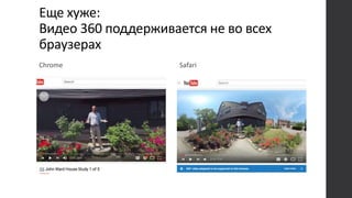 Еще хуже:
Видео 360 поддерживается не во всех
браузерах
Chrome Safari
 