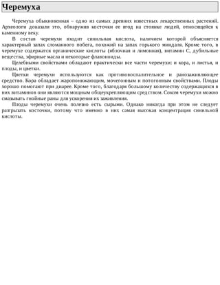 Черемуха	
Черемуха	 обыкновенная	 –	 одно	 из	 самых	 древних	 известных	 лекарственных	 растений.
Археологи	 доказали	 это,	 обнаружив	 косточки	 ее	 ягод	 на	 стоянке	 людей,	 относящейся	 к
каменному	веку.
В	 состав	 черемухи	 входит	 синильная	 кислота,	 наличием	 которой	 объясняется
характерный	 запах	 сломанного	 побега,	 похожий	 на	 запах	 горького	 миндаля.	 Кроме	 того,	 в
черемухе	 содержатся	 органические	 кислоты	 (яблочная	 и	 лимонная),	 витамин	 С,	 дубильные
вещества,	эфирные	масла	и	некоторые	флавоноиды.
Целебными	свойствами	обладают	практически	все	части	черемухи:	и	кора,	и	листья,	и
плоды,	и	цветки.
Цветки	 черемухи	 используются	 как	 противовоспалительное	 и	 ранозаживляющее
средство.	Кора	обладает	жаропонижающим,	мочегонным	и	потогонным	свойствами.	Плоды
хорошо	помогают	при	диарее.	Кроме	того,	благодаря	большому	количеству	содержащихся	в
них	витаминов	они	являются	мощным	общеукрепляющим	средством.	Соком	черемухи	можно
смазывать	гнойные	раны	для	ускорения	их	заживления.
Плоды	 черемухи	 очень	 полезно	 есть	 сырыми.	 Однако	 никогда	 при	 этом	 не	 следует
разгрызать	 косточки,	 потому	 что	 именно	 в	 них	 самая	 высокая	 концентрация	 синильной
кислоты.
 