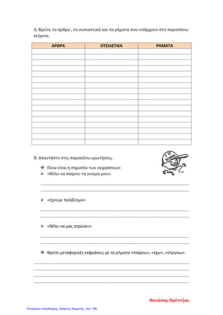 Α. Βρείτε τα άρθρα , τα ουσιαστικά και τα ρήματα που υπάρχουν στο παραπάνω
κείμενο.
ΑΡΘΡΑ ΟΥΣΙΑΣΤΙΚΑ ΡΗΜΑΤΑ
Β. Απαντήστε στις παρακάτω ερωτήσεις.
 Ποια είναι η σημασία των εκφράσεων:
 «θέλει να παίρνει τη γνώμη μου».
...................................................................................................................................
...................................................................................................................................
 «έχουμε πρόβλημα»
...................................................................................................................................
...................................................................................................................................
 «θέλει να μας στρώσει».
...................................................................................................................................
...................................................................................................................................
 Βρείτε μεταφορικές εκφράσεις με τα ρήματα «παίρνω», «έχω», «στρώνω».
.........................................................................................................................................
.........................................................................................................................................
.........................................................................................................................................
.........................................................................................................................................
Θανάσης Πρέντζας
Επιμέλεια επανάληψης: Χρήστος Χαρμπής σελ. 106
 