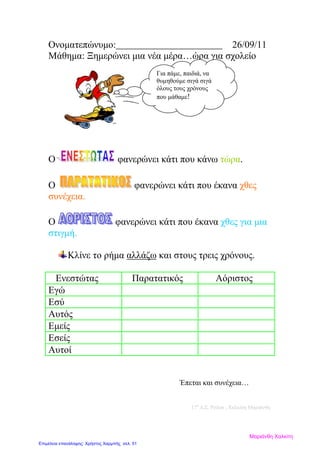 Ονοματεπώνυμο: 26/09/11
Μάθημα: Ξημερώνει μια νέα μέρα…ώρα για σχολείο
Ο φανερώνει κάτι που κάνω τώρα.
Ο φανερώνει κάτι που έκανα χθες
συνέχεια.
Ο φανερώνει κάτι που έκανα χθες για μια
στιγμή.
Κλίνε το ρήμα αλλάζω και στους τρεις χρόνους.
Ενεστώτας Παρατατικός Αόριστος
Εγώ
Εσύ
Αυτός
Εμείς
Εσείς
Αυτοί
Έπεται και συνέχεια…
17ο
Δ.Σ. Ρόδου , Χαλκίτη Μαριάνθη
Για πάμε, παιδιά, να
θυμηθούμε σιγά σιγά
όλους τους χρόνους
που μάθαμε!
Μαριάνθη Χαλκίτη
Επιμέλεια επανάληψης: Χρήστος Χαρμπής σελ. 51
 