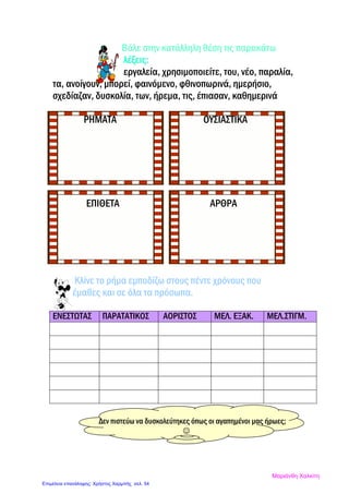 Βάλε στην κατάλληλη θέση τις παρακάτω
λέξεις:
εργαλεία, χρησιμοποιείτε, του, νέο, παραλία,
τα, ανοίγουν, μπορεί, φαινόμενο, φθινοπωρινά, ημερήσιο,
σχεδίαζαν, δυσκολία, των, ήρεμα, τις, έπιασαν, καθημερινά
ΡΗΜΑΤΑ ΟΥΣΙΑΣΤΙΚΑ
ΕΠΙΘΕΤΑ ΑΡΘΡΑ
Κλίνε το ρήμα εμποδίζω στους πέντε χρόνους που
έμαθες και σε όλα τα πρόσωπα.
ΕΝΕΣΤΩΤΑΣ ΠΑΡΑΤΑΤΙΚΟΣ ΑΟΡΙΣΤΟΣ ΜΕΛ. ΕΞΑΚ. ΜΕΛ.ΣΤΙΓΜ.
Δεν πιστεύω να δυσκολεύτηκες όπως οι αγαπημένοι μας ήρωες;

Μαριάνθη Χαλκίτη
Επιμέλεια επανάληψης: Χρήστος Χαρμπής σελ. 54
 