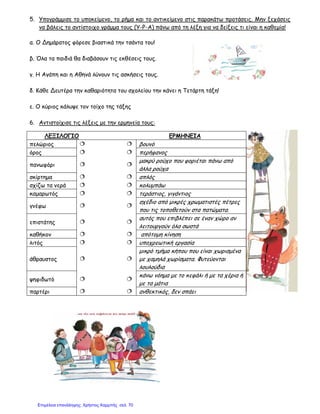 5. Υπογράμμισε το υποκείμενο, το ρήμα και το αντικείμενο στις παρακάτω προτάσεις. Μην ξεχάσεις
να βάλεις το αντίστοιχο γράμμα τους (Υ-Ρ-Α) πάνω από τη λέξη για να δείξεις τι είναι η καθεμία!
α. Ο Δημάρατος φόρεσε βιαστικά την τσάντα του!
β. Όλα τα παιδιά θα διαβάσουν τις εκθέσεις τους.
γ. Η Αγάπη και η Αθηνά λύνουν τις ασκήσεις τους.
δ. Κάθε Δευτέρα την καθαριότητα του σχολείου την κάνει η Τετάρτη τάξη!
ε. Ο κύριος κάλυψε τον τοίχο της τάξης
6. Αντιστοίχισε τις λέξεις με την ερμηνεία τους:
ΛΕΞΙΛΟΓΙΟ ΕΡΜΗΝΕΙΑ
πελώριος βουνό
όρος περήφανος
πανωφόρι
μακρύ ρούχο που φοριέται πάνω από
άλλα ρούχα
σκίρτημα απλός
σχίζω τα νερά κολυμπάω
καμαρωτός τεράστιος, γιγάντιος
γνέφω
σχέδιο από μικρές χρωματιστές πέτρες
που τις τοποθετούν στα πατώματα.
επιστάτης
αυτός που επιβλέπει σε έναν χώρο αν
λειτουργούν όλα σωστά
καθήκον απότομη κίνηση
λιτός υποχρεωτική εργασία
άθραυστος
μικρό τμήμα κήπου που είναι χωρισμένα
με χαμηλά χωρίσματα. Φυτεύονται
λουλούδια
ψηφιδωτό
κάνω νόημα με το κεφάλι ή με τα χέρια ή
με τα μάτια
παρτέρι ανθεκτικός, δεν σπάει
Επιμέλεια επανάληψης: Χρήστος Χαρμπής σελ. 70
 