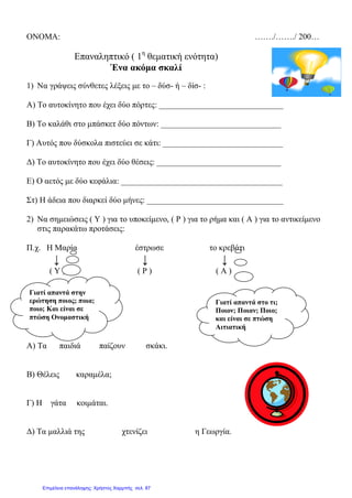 ΟΝΟΜΑ: ……./……./ 200…
Επαναληπτικό ( 1η
θεματική ενότητα)
Ένα ακόμα σκαλί
1) Να γράψεις σύνθετες λέξεις με το – δύσ- ή – δίσ- :
Α) Το αυτοκίνητο που έχει δύο πόρτες: ______________________________
Β) Το καλάθι στο μπάσκετ δύο πόντων: _____________________________
Γ) Αυτός που δύσκολα πιστεύει σε κάτι: _____________________________
Δ) Το αυτοκίνητο που έχει δύο θέσεις: ______________________________
Ε) Ο αετός με δύο κεφάλια: _______________________________________
Στ) Η άδεια που διαρκεί δύο μήνες: _________________________________
2) Να σημειώσεις ( Υ ) για το υποκείμενο, ( Ρ ) για το ρήμα και ( Α ) για το αντικείμενο
στις παρακάτω προτάσεις:
Π.χ. Η Μαρία έστρωσε το κρεβάτι
↓ ↓ ↓
( Υ ) ( Ρ ) ( Α )
Α) Τα παιδιά παίζουν σκάκι.
Β) Θέλεις καραμέλα;
Γ) Η γάτα κοιμάται.
Δ) Τα μαλλιά της χτενίζει η Γεωργία.
Γιατί απαντά στην
ερώτηση ποιος; ποια;
ποιο; Και είναι σε
πτώση Ονομαστική
Γιατί απαντά στο τι;
Ποιον; Ποιαν; Ποιο;
και είναι σε πτώση
Αιτιατική
Επιμέλεια επανάληψης: Χρήστος Χαρμπής σελ. 87
 