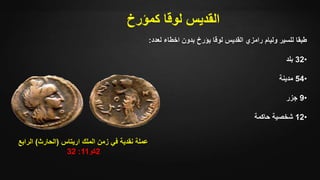 ‫لعدد‬ ‫اخطاء‬ ‫بدون‬ ‫يؤرخ‬ ‫لوقا‬ ‫القديس‬ ‫رامزي‬ ‫وليام‬ ‫للسير‬ ‫طبقا‬:
•32‫بلد‬
•54‫مدينة‬
•9‫جزر‬
•12‫حاكمة‬ ‫شخصية‬
‫كمؤرخ‬ ‫لوقا‬ ‫القديس‬
‫اريتاس‬ ‫الملك‬ ‫زمن‬ ‫في‬ ‫نقدية‬ ‫عملة‬(‫الحارث‬)‫الرابع‬
2‫كو‬11:32
 