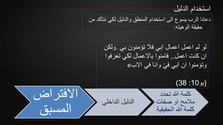 ‫الدليل‬ ‫استخدام‬
‫نتأ‬ ‫لكي‬ ‫والدليل‬ ‫المنطق‬ ‫استخدام‬ ‫الى‬ ‫يسوع‬ ‫الرب‬ ‫دعانا‬‫من‬ ‫كد‬
‫الوهيته‬ ‫حقيقة‬:
‫بي‬ ‫تؤمنون‬ ‫فال‬ ‫ابي‬ ‫اعمال‬ ‫اعمل‬ ‫لم‬ ‫لو‬.‫ولك‬‫ن‬
‫اعمل‬ ‫كنت‬ ‫ان‬..‫تعرف‬ ‫لكي‬ ‫باالعمال‬ ‫فامنوا‬‫وا‬
‫االب‬ ‫في‬ ‫وانا‬ ّ‫ي‬‫ف‬ ‫ابي‬ ‫ان‬ ‫وتؤمنوا‬»
(‫يو‬10:38)
‫االفتراض‬
‫المسبق‬
‫الداخلي‬ ‫الدليل‬
‫تحدد‬ ‫هللا‬ ‫كلمة‬
‫صفات‬ ‫او‬ ‫مالمح‬
‫الحقي‬ ‫هللا‬ ‫كلمة‬‫قية‬
 