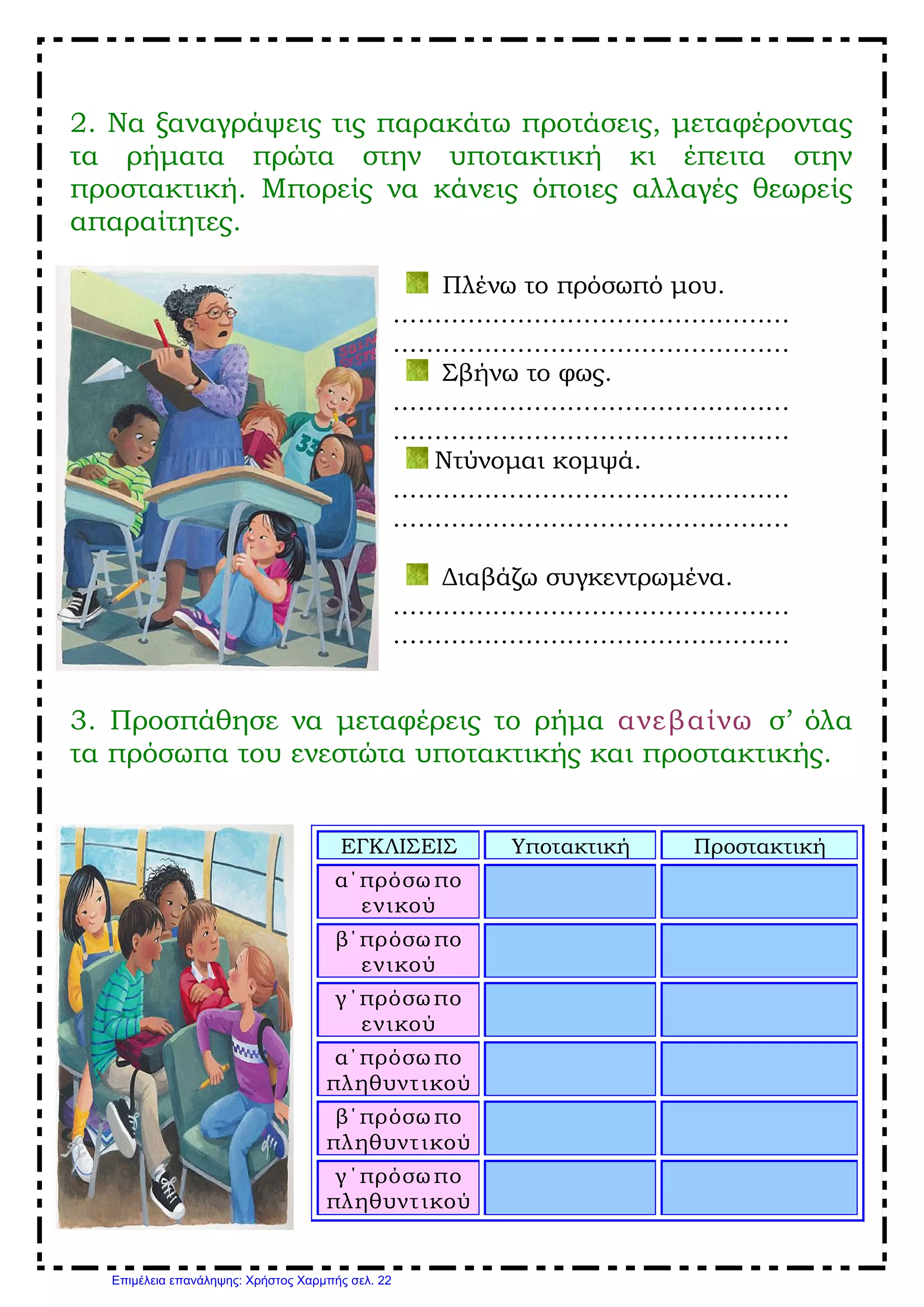 2. Να ξαναγράψεις τις παρακάτω προτάσεις, μεταφέροντας
τα ρήματα πρώτα στην υποτακτική κι έπειτα στην
προστακτική. Μπορείς να κάνεις όποιες αλλαγές θεωρείς
απαραίτητες.
Πλένω το πρόσωπό μου.
…………………………………………
…………………………………………
Σβήνω το φως.
…………………………………………
…………………………………………
Ντύνομαι κομψά.
…………………………………………
…………………………………………
Διαβάζω συγκεντρωμένα.
…………………………………………
…………………………………………
3. Προσπάθησε να μεταφέρεις το ρήμα ανεβαίνω σ’ όλα
τα πρόσωπα του ενεστώτα υποτακτικής και προστακτικής.
ΕΓΚΛΙΣΕΙΣ Υποτακτική Προστακτική
α΄πρόσω πο
ενικού
β΄πρόσω πο
ενικού
γ΄πρόσωπο
ενικού
α΄πρόσω πο
πληθυντικού
β΄πρόσω πο
πληθυντικού
γ΄πρόσωπο
πληθυντικού
Επιμέλεια επανάληψης: Χρήστος Χαρμπής σελ. 22
http://dimotikoonline.gr/
 