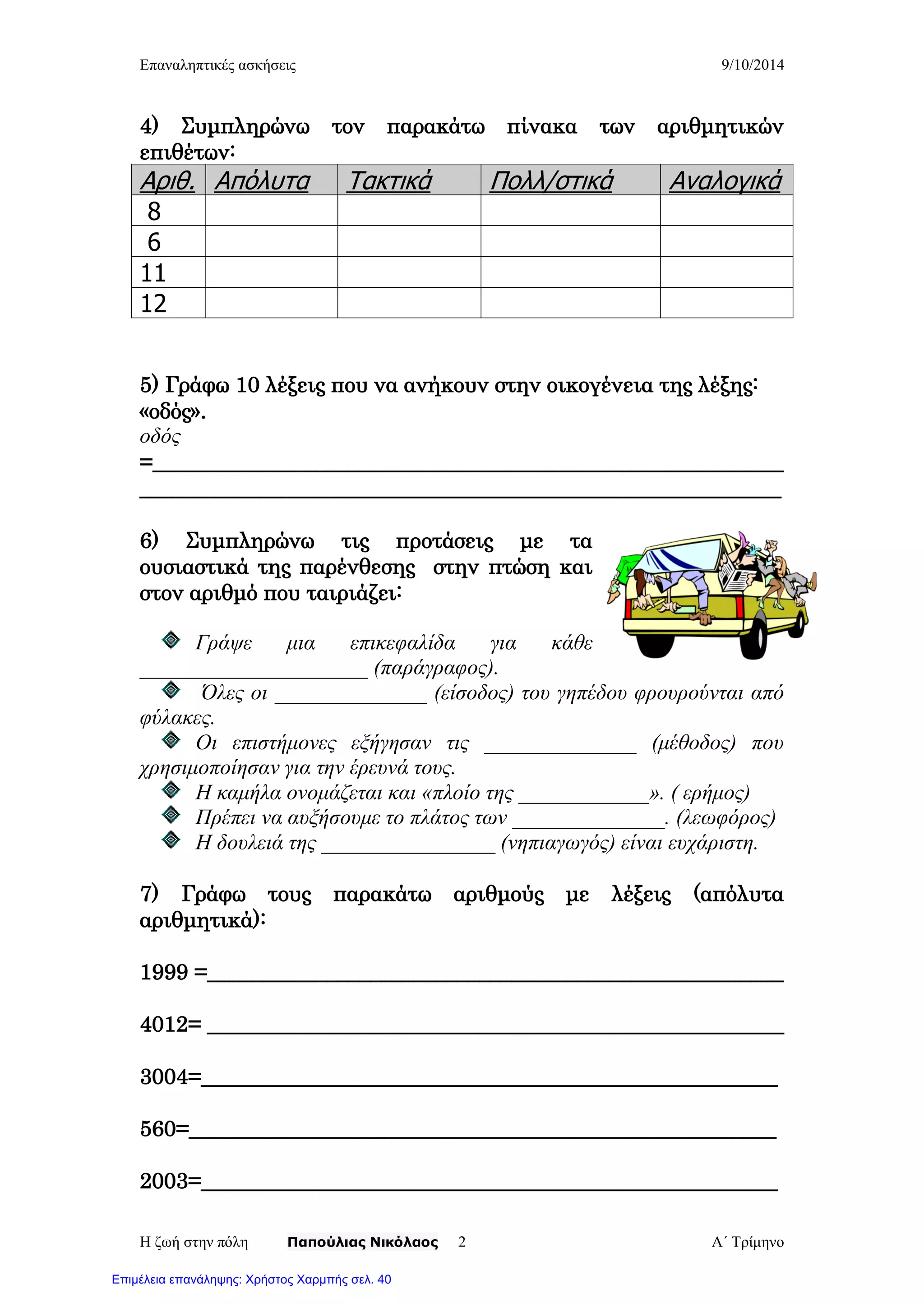 Επαναληπτικές ασκήσεις 9/10/2014
Η ζωή στην πόλη Παπούλιας Νικόλαος Α΄ Τρίμηνο2
4) Συμπληρώνω τον παρακάτω πίνακα των αριθμητικών
επιθέτων:
Αριθ. Απόλυτα Τακτικά Πολλ/στικά Αναλογικά
8
6
11
12
5) Γράφω 10 λέξεις που να ανήκουν στην οικογένεια της λέξης:
«οδός».
οδός
=__________________________________________________________
___________________________________________________________
6) Συμπληρώνω τις προτάσεις με τα
ουσιαστικά της παρένθεσης στην πτώση και
στον αριθμό που ταιριάζει:
Γράψε μια επικεφαλίδα για κάθε
_____________________ (παράγραφος).
Όλες οι ______________ (είσοδος) του γηπέδου φρουρούνται από
φύλακες.
Οι επιστήμονες εξήγησαν τις ______________ (μέθοδος) που
χρησιμοποίησαν για την έρευνά τους.
Η καμήλα ονομάζεται και «πλοίο της ____________». ( ερήμος)
Πρέπει να αυξήσουμε το πλάτος των ______________. (λεωφόρος)
Η δουλειά της ________________ (νηπιαγωγός) είναι ευχάριστη.
7) Γράφω τους παρακάτω αριθμούς με λέξεις (απόλυτα
αριθμητικά):
1999 =_____________________________________________________
4012= _____________________________________________________
3004=_____________________________________________________
560=______________________________________________________
2003=_____________________________________________________
Επιμέλεια επανάληψης: Χρήστος Χαρμπής σελ. 40
 