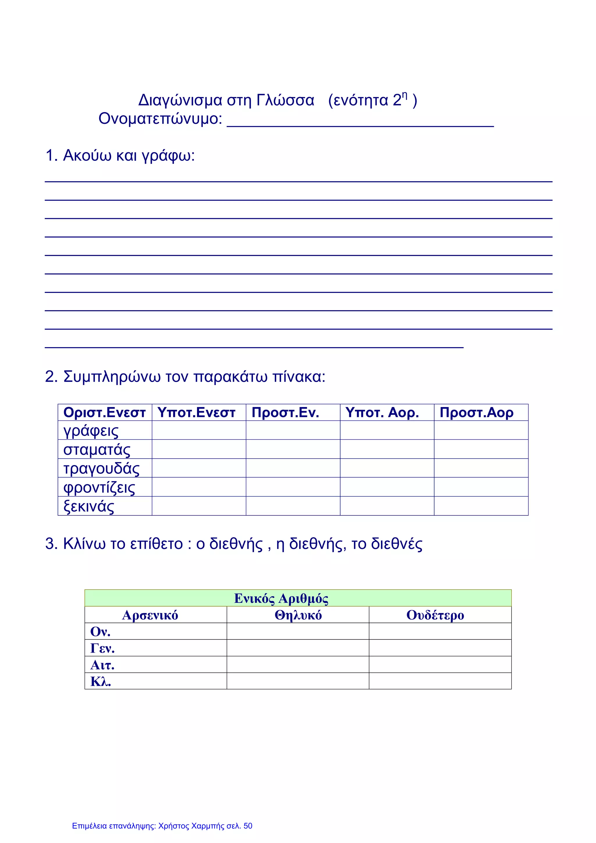 Διαγώνισμα στη Γλώσσα (ενότητα 2η
)
Ονοματεπώνυμο: ______________________________
1. Ακούω και γράφω:
_________________________________________________________
_________________________________________________________
_________________________________________________________
_________________________________________________________
_________________________________________________________
_________________________________________________________
_________________________________________________________
_________________________________________________________
_________________________________________________________
_______________________________________________
2. Συμπληρώνω τον παρακάτω πίνακα:
Οριστ.Ενεστ Υποτ.Ενεστ Προστ.Εν. Υποτ. Αορ. Προστ.Αορ
γράφεις
σταματάς
τραγουδάς
φροντίζεις
ξεκινάς
3. Κλίνω το επίθετο : ο διεθνής , η διεθνής, το διεθνές
Ενικός Αριθμός
Αρσενικό Θηλυκό Ουδέτερο
Ον.
Γεν.
Αιτ.
Κλ.
Επιμέλεια επανάληψης: Χρήστος Χαρμπής σελ. 50
 