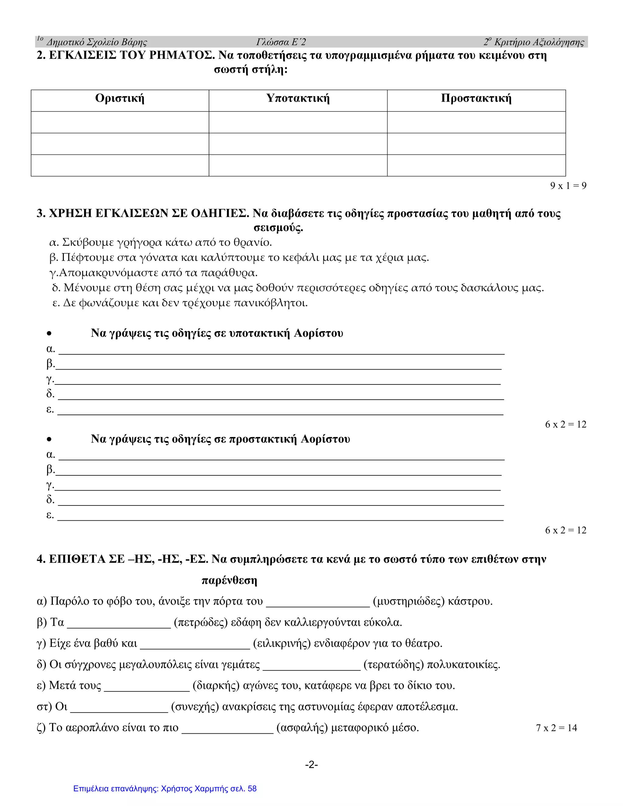 1ο
Δημοτικό Σχολείο Βάρης Γλώσσα Ε΄2 2ο
Κριτήριο Αξιολόγησης
-2-
2. ΕΓΚΛΙΣΕΙΣ ΤΟΥ ΡΗΜΑΤΟΣ. Να τοποθετήσεις τα υπογραμμισμένα ρήματα του κειμένου στη
σωστή στήλη:
Οριστική Υποτακτική Προστακτική
9 x 1 = 9
3. ΧΡΗΣΗ ΕΓΚΛΙΣΕΩΝ ΣΕ ΟΔΗΓΙΕΣ. Να διαβάσετε τις οδηγίες προστασίας του μαθητή από τους
σεισμούς.
α. Σκύβουμε γρήγορα κάτω από το θρανίο.
β. Πέφτουμε στα γόνατα και καλύπτουμε το κεφάλι μας με τα χέρια μας.
γ.Απομακρυνόμαστε από τα παράθυρα.
δ. Μένουμε στη θέση σας μέχρι να μας δοθούν περισσότερες οδηγίες από τους δασκάλους μας.
ε. Δε φωνάζουμε και δεν τρέχουμε πανικόβλητοι.
 Να γράψεις τις οδηγίες σε υποτακτική Αορίστου
α. _________________________________________________________________________
β._________________________________________________________________________
γ._________________________________________________________________________
δ. _________________________________________________________________________
ε. _________________________________________________________________________
6 x 2 = 12
 Να γράψεις τις οδηγίες σε προστακτική Αορίστου
α. _________________________________________________________________________
β._________________________________________________________________________
γ._________________________________________________________________________
δ. _________________________________________________________________________
ε. _________________________________________________________________________
6 x 2 = 12
4. ΕΠΙΘΕΤΑ ΣΕ –ΗΣ, -ΗΣ, -ΕΣ. Να συμπληρώσετε τα κενά με το σωστό τύπο των επιθέτων στην
παρένθεση
α) Παρόλο το φόβο του, άνοιξε την πόρτα του _________________ (μυστηριώδες) κάστρου.
β) Τα _________________ (πετρώδες) εδάφη δεν καλλιεργούνται εύκολα.
γ) Είχε ένα βαθύ και __________________ (ειλικρινής) ενδιαφέρον για το θέατρο.
δ) Οι σύγχρονες μεγαλουπόλεις είναι γεμάτες ________________ (τερατώδης) πολυκατοικίες.
ε) Μετά τους ______________ (διαρκής) αγώνες του, κατάφερε να βρει το δίκιο του.
στ) Οι ________________ (συνεχής) ανακρίσεις της αστυνομίας έφεραν αποτέλεσμα.
ζ) Το αεροπλάνο είναι το πιο _______________ (ασφαλής) μεταφορικό μέσο. 7 x 2 = 14
Επιμέλεια επανάληψης: Χρήστος Χαρμπής σελ. 58
 