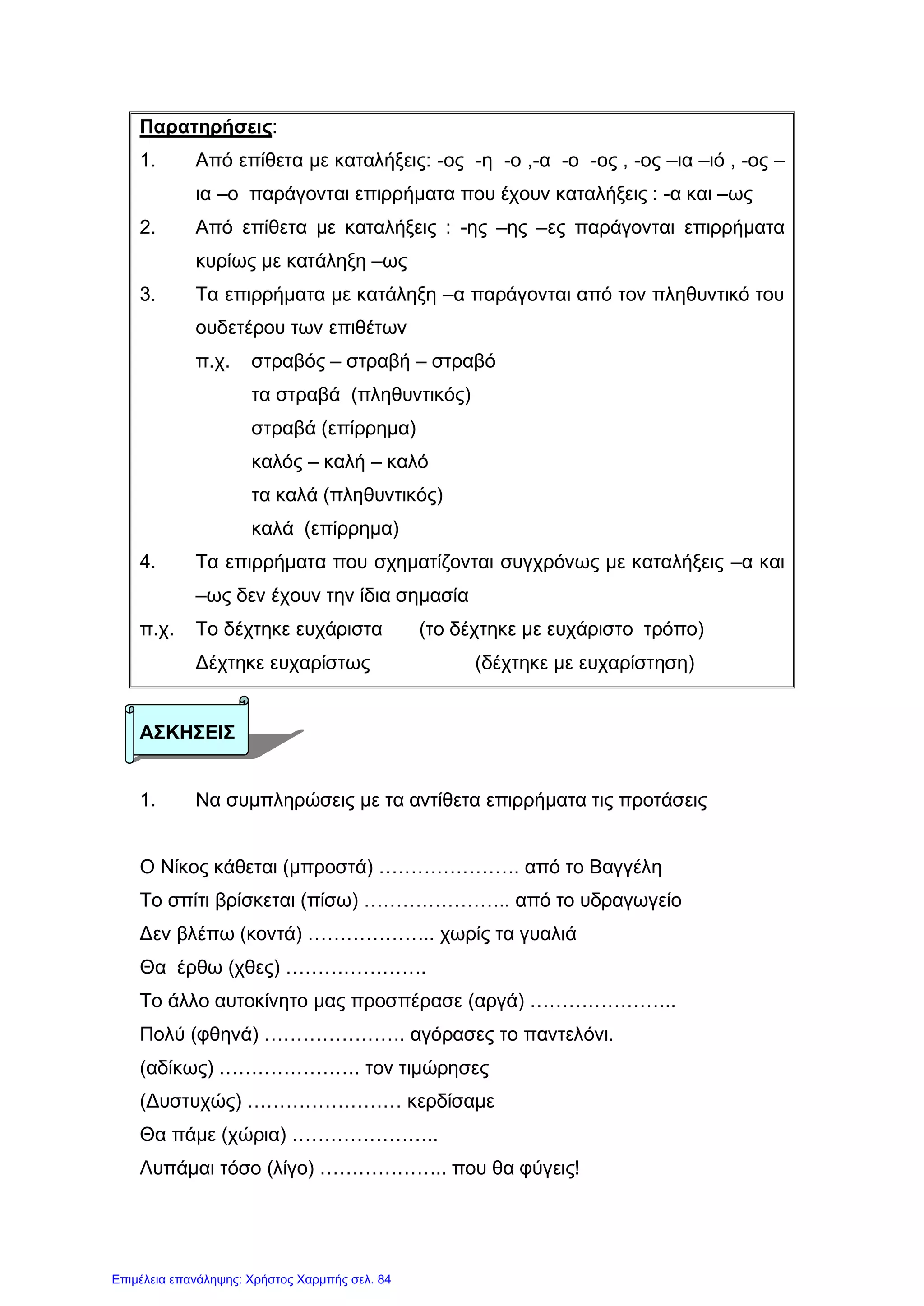 Παρατηρήσεις:
1. Από επίθετα με καταλήξεις: -ος -η -ο ,-α -ο -ος , -ος –ια –ιό , -ος –
ια –ο παράγονται επιρρήματα που έχουν καταλήξεις : -α και –ως
2. Από επίθετα με καταλήξεις : -ης –ης –ες παράγονται επιρρήματα
κυρίως με κατάληξη –ως
3. Τα επιρρήματα με κατάληξη –α παράγονται από τον πληθυντικό του
ουδετέρου των επιθέτων
π.χ. στραβός – στραβή – στραβό
τα στραβά (πληθυντικός)
στραβά (επίρρημα)
καλός – καλή – καλό
τα καλά (πληθυντικός)
καλά (επίρρημα)
4. Τα επιρρήματα που σχηματίζονται συγχρόνως με καταλήξεις –α και
–ως δεν έχουν την ίδια σημασία
π.χ. Το δέχτηκε ευχάριστα (το δέχτηκε με ευχάριστο τρόπο)
Δέχτηκε ευχαρίστως (δέχτηκε με ευχαρίστηση)
ΑΣΚΗΣΕΙΣ
1. Να συμπληρώσεις με τα αντίθετα επιρρήματα τις προτάσεις
Ο Νίκος κάθεται (μπροστά) …………………. από το Βαγγέλη
Το σπίτι βρίσκεται (πίσω) ………………….. από το υδραγωγείο
Δεν βλέπω (κοντά) ……………….. χωρίς τα γυαλιά
Θα έρθω (χθες) ………………….
Το άλλο αυτοκίνητο μας προσπέρασε (αργά) …………………..
Πολύ (φθηνά) …………………. αγόρασες το παντελόνι.
(αδίκως) …………………. τον τιμώρησες
(Δυστυχώς) …………………… κερδίσαμε
Θα πάμε (χώρια) …………………..
Λυπάμαι τόσο (λίγο) ……………….. που θα φύγεις!
Επιμέλεια επανάληψης: Χρήστος Χαρμπής σελ. 84
 