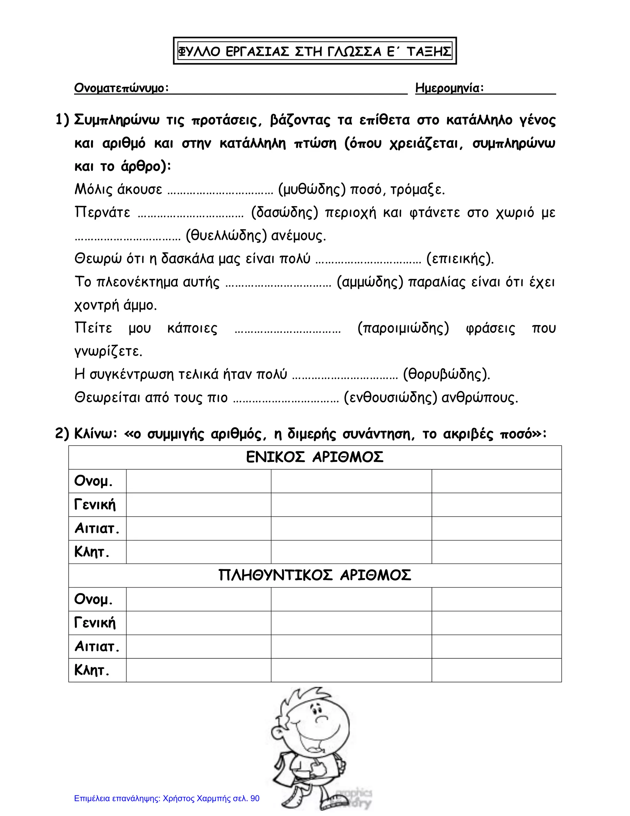 ΦΥΛΛΟ ΕΡΓΑΣΙΑΣ ΣΤΗ ΓΛΩΣΣΑ Ε΄ ΤΑΞΗΣ
Ονοματεπώνυμο: Ημερομηνία:
1) Συμπληρώνω τις προτάσεις, βάζοντας τα επίθετα στο κατάλληλο γένος
και αριθμό και στην κατάλληλη πτώση (όπου χρειάζεται, συμπληρώνω
και το άρθρο):
Μόλις άκουσε …………………………… (μυθώδης) ποσό, τρόμαξε.
Περνάτε …………………………… (δασώδης) περιοχή και φτάνετε στο χωριό με
…………………………… (θυελλώδης) ανέμους.
Θεωρώ ότι η δασκάλα μας είναι πολύ …………………………… (επιεικής).
Το πλεονέκτημα αυτής …………………………… (αμμώδης) παραλίας είναι ότι έχει
χοντρή άμμο.
Πείτε μου κάποιες …………………………… (παροιμιώδης) φράσεις που
γνωρίζετε.
Η συγκέντρωση τελικά ήταν πολύ …………………………… (θορυβώδης).
Θεωρείται από τους πιο …………………………… (ενθουσιώδης) ανθρώπους.
2) Κλίνω: «ο συμμιγής αριθμός, η διμερής συνάντηση, το ακριβές ποσό»:
ΕΝΙΚΟΣ ΑΡΙΘΜΟΣ
Ονομ.
Γενική
Αιτιατ.
Κλητ.
ΠΛΗΘΥΝΤΙΚΟΣ ΑΡΙΘΜΟΣ
Ονομ.
Γενική
Αιτιατ.
Κλητ.
Επιμέλεια επανάληψης: Χρήστος Χαρμπής σελ. 90
 