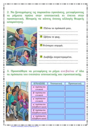 2. Να ξαναγράψεις τις παρακάτω προτάσεις, μεταφέροντας
τα ρήματα πρώτα στην υποτακτική κι έπειτα στην
προστακτική. Μπορείς να κάνεις όποιες αλλαγές θεωρείς
απαραίτητες.
Πλένω το πρόσωπό μου.
…………………………………………
…………………………………………
Σβήνω το φως.
…………………………………………
…………………………………………
Ντύνομαι κομψά.
…………………………………………
…………………………………………
Διαβάζω συγκεντρωμένα.
…………………………………………
…………………………………………
3. Προσπάθησε να μεταφέρεις το ρήμα ανεβαίνω σ’ όλα
τα πρόσωπα του ενεστώτα υποτακτικής και προστακτικής.
ΕΓΚΛΙΣΕΙΣ Υποτακτική Προστακτική
α΄πρόσω πο
ενικού
β΄πρόσω πο
ενικού
γ΄πρόσωπο
ενικού
α΄πρόσω πο
πληθυντικού
β΄πρόσω πο
πληθυντικού
γ΄πρόσωπο
πληθυντικού
Επιμέλεια επανάληψης: Χρήστος Χαρμπής σελ. 22
http://dimotikoonline.gr/
 