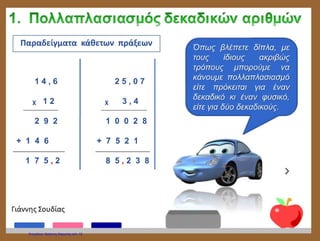 12,5 12,5
Χ 0,80 Χ 0,8(0
000 10,000
+ 1000
000
10,000
Στον πρώτο πολλαπλασιασμό :
Κάνουμε κανονικά τον πολλαπλασιασμό σαν να είναι πολλαπλασιασμός ακεραίων :
α) Πολλαπλασιάζω με το 0 : 0 επί 5, 0 --- 0 επί 2, 0 --- 0 επί 1, 0
β) Πολλαπλασιάζω με το 8 : 8 επί 5, 40, γράφω το 0 και 4 τα κρατούμενα --- 8 επί 2, 16,
και 4 τα κρατούμενα 20, γράφω το 0 και 2 τα κρατούμενα --- 8 επί 1, 8 και 2 τα
κρατούμενα, 10.
γ) Πολλαπλασιάζω πάλι με το 0, (αν και μπορώ να το παραλείψω αυτό το βήμα) : 0 επί 5,
0 --- 0 επί 2, 0 --- 0 επί 1, 0
δ) Τραβάω γραμμή και προσθέτω : Κατεβάζω το 0 --- 0 και 0, 0 --- 0 και 0, 0 --- 0 και 0, 0
--- 1 και 0, 1
ε) Όταν ξεκινήσαμε τον πολλαπλασιασμό ο πολλαπλασιαστή είχε 2 δεκαδικά ψηφία και ο
πολλαπλασιαστέος 1, συνολικά 3 δεκαδικά ψηφία. Πάω στο αποτέλεσμα και μετράω από
τα δεξιά προς τα αριστερά 3 θέσεις, όσες ήταν και τα δεκαδικά ψηφία. Ο αριθμός γίνεται
10,000 ή απλά 10.
 