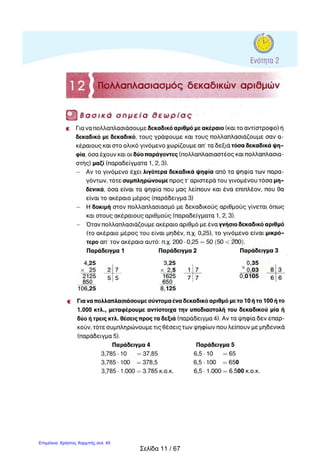 85
¢óêçóç ã
Áí êïóôßæåé 2,60 ôüôå ôá 4,2 êéëÜ ðüóï êïóôßæïõí; Õðïëïãßæù ìå:
• åêôßìçóç: ....................... • áêñßâåéá: .......................
ëýóç
Õðïëïãßæù ìå:
• åêôßìçóç: 4÷3 = 12 • áêñßâåéá: 2,60÷4,2 = 10,920
ÁðÜíôçóç
Üóêçóçò ä
ôåôñ. åñãáóéþí, óåë. 31
• åêôßìçóç: 3÷10 = 30 • áêñßâåéá: 3,40÷9,5 = 32,3
Ðïëëáðëáóéáóìüò äåêáäéêþí áñéèìþí
óõíÝ÷åéá
áðÜíôçóçò Üóêçóçò ã
ôåôñ. åñãáóéþí, óåë. 30
• Yðïëïãßæù ìå áêñßâåéá: 4,3+5,05+12,9 = 22,25 ôüíïé åîïéêïíïìÞèçêáí ôï 1ï
ôñßìçíï
• Åêôéìþ: 22 ôüíïé
(áíôß ôùí 4,3 ôüíùí → 4 ôüíïé
áíôß ôùí 0,75 ôüíùí → 1 ôüíïò
áíôß ôùí 3÷4,3 ôüíùí → 3÷4 = 12 ôüíïé)
 