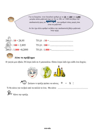 eva-edu
289,5 : 10 = 28,95 751,8 : 10 = .....................................
289,5 : 100 = 2,895 751,8 : 100 = ....................................
289,5 : 1.000 =0,2895 751,8 : 1.000 =...................................
Λύσε το πρόβλημα
Η γιαγιά μου έβαλε 30 λίτρα λάδι σε 4 μπουκάλια. Πόσα λίτρα λάδι έχει κάθε ένα δοχείο;
Σκέψου τι πράξη πρέπει να κάνεις + - x :
Τι θα κάνω για να βρώ από τα πολλά το ένα; Θα κάνω ......................................................
Κάνε την πράξη
Για να διαιρέσω έναν δεκαδικό αριθμό με το 10, το 100 ή το 1.000
μετράω πόσα μηδενικά έχει το 10, το 100, το 1.000 και βάζω την
υποδιαστολή προς τα του αριθμού τόσες φορές όσα
είναι τα μηδενικά
Αν δεν έχω άλλο αριθμό να βάλω την υποδιαστολή βάζω μηδενικά
στην αρχή
 