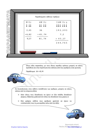 Αρβανιτίδης Θεόδωρος, www.atheo.gr - Μαθηματικά Ε΄
 
45
5. Να σημειώσεις πάνω στην αριθμογραμμή, πού βρίσκονται τα παρακάτω σημεία :
Α = 1,3 Β = 0,4 Γ = 6,1 Δ = 2,25 Ε = 10,5
6. Να σημειώσεις πάνω στην αριθμογραμμή, πού βρίσκονται τα παρακάτω σημεία :
Κ = 2,15 Λ = 2,35 Μ = 2,55 Ν = 2,75 Ξ = 5.15
7. Ποιοι δεκαδικοί αριθμοί αντιστοιχούν στα σημεία Ζ, Η, Θ, Κ και Λ στην παρακάτω
αριθμογραμμή ;
Ζ = ………. Η = ………. Θ = ………. Κ = ………… Λ = ………….
8. Γράψε τι φανερώνει το ψηφίο 8 στους παρακάτω δεκαδικούς αριθμούς και μετά τους
διατάξεις από το μικρότερο στο μεγαλύτερο :
2,28 : …………. 0,568 : …………. 851 : …………
98,045 : …………. 80,1 : …………. 32,87 : …………
……………………………………………………………………………………………………………
9. Γράψε τους δεκαδικούς αριθμούς που είναι ανάμεσα στους δεκαδικούς 9,20 και 9,30 που
έχουν δύο δεκαδικά ψηφία :
………………………………………………………………………………………………………
………………………………………………………………………………………………………
10.Ένας έμπορος αγόρασε 3 τεμάχια υφάσματος. Το πρώτο ήταν 63,5 μέτρα, το δεύτερο
3,28 μέτρα λιγότερο από το πρώτο και το τρίτο 10 μέτρα περισσότερο από το δεύτερο.
Πόσα μέτρα ύφασμα αγόρασε συνολικά ο έμπορος ;
 