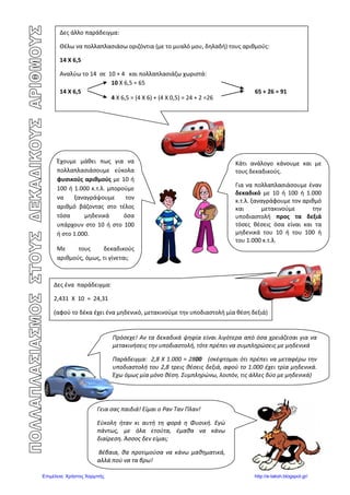 Αρβανιτίδης Θεόδωρος, www.atheo.gr - Μαθηματικά Ε΄
 
49
Μάθημα 11ο
Πολλαπλασιασμός Δεκαδικών Αριθμών
π.χ. 2,55 • 4,22 =
παράγοντες 2,55 ( δύο δεκαδικά ψηφία )
x 4,22 + ( δύο δεκαδικά ψηφία )
510
510
+1020
γινόμενο 10,7610 ( τέσσερα δεκαδικά ψηφία )
Διαίρεση Δεκαδικού αριθμού με Ακέραιο
π.χ. 225,5 : 5 =
Φτάνοντας στην υποδιαστολή, πριν κατεβάσω το ψηφίο πίσω από αυτή ( 5 ), μετακινώ
την υποδιαστολή στο πηλίκο της διαίρεσής μου.
Διαίρεση Δεκαδικού αριθμού με Δεκαδικό
π.χ. 225,5 : 0,5 =
225,5
- 20
025
-25
00 5
- 5
0
5
45,1
Γίνεται όπως και ο πολλαπλασιασμός των φυσικών αριθμών,
τοποθετώντας στο γινόμενο την υποδιαστολή τόσες θέσεις από τα
δεξιά προς τα αριστερά, όσα είναι συνολικά τα ψηφία στα δεκαδικά
μέρη των παραγόντων.
Για να διαιρέσω δεκαδικό αριθμό με ακέραιο, κάνω κανονικά τη
διαίρεση και όταν φτάσω στην υποδιαστολή συνεχίζω κανονικά τη
διαίρεση βάζοντας την υποδιαστολή στο πηλίκο της διαίρεσής μου.
Για να κάνω διαίρεση μεταξύ δύο δεκαδικών αριθμών πρέπει ο
διαιρέτης μου να γίνει ακέραιος αριθμός. Γι’ αυτό πολλαπλασιάζω το
Διαιρετέο και το Διαιρέτη με το 10, 100, 1.000 κλπ. μέχρι ο
Διαιρέτης μου να γίνει ακέραιος αριθμός.
 
