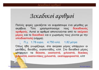Δασκάλα: Τόλη Παναγιώτα
4. Σε ένα βρεφονηπιακό σταθμό φιλοξενούνται 142 παιδάκια, καθένα από τα
οποία καταναλώνει καθημερινά 0,250 λίτρα γάλα. Πόσο γάλα καταναλώνουν
τα παιδάκια σε μία ημέρα;
ΛΥΣΗ
Με εκτίμηση Με ακρίβεια
Απάντηση: ………………………………………………………………………………………………………………………
5. Η Μαρία έχει στον κουμπαρά της 163 €, ενώ ο Αλέξανδρος έχει 0,98 €
περισσότερα από τη Μαρία.
α) Πόσα χρήματα έχει ο Αλέξανδρος;
β) Πόσα χρήματα έχουν στον κουμπαρά τους και τα δύο παιδιά;
ΛΥΣΗ
Απάντηση: …………………………………………………………………………………………………………………………
…………………………………………………………………………………………………………………………
6. Μια ημέρα ένας ψαράς έπιασε 8,370 κιλά μπαρμπούνια, 12,450 κιλά
σαρδέλες, 4,5 κιλά λυθρίνια , 5 κιλά τσιπούρες και 1,445 κιλά γόπες. Πόσα
κιλά ψάρια έπιασε συνολικά;
ΛΥΣΗ
Απάντηση: …………………………………………………………………………………………………………………………
 
