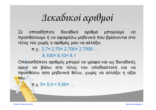 Γκουτσίδης Αντώνιος
2Ο
ΕΠΑΝΑΛΗΠΤΙΚΟ ΜΑΘΗΜΑΤΙΚΩΝ
ΟΝΟΜΑΤΕΠΩΝΥΜΟ: ________________________________________________
1. Να γίνουν οι πολλαπλασιασμοί:
Α) 1,6 Χ 1,3 Β) 2,05 Χ 1,14 Γ) 3,4 Χ 0,5
Δ) 0,62 Χ 0,04 Ε) 4,51 Χ 6 Στ) 7,64 Χ 0,8
2) Να γίνουν οι διαιρέσεις:
Α) 12 : 8 Β) 3 : 4 Γ) 48 : 5
Δ) 370 : 16 Ε) 31 : 5 Στ) 246 : 120
3. Να συμπληρωθεί ο παρακάτω πίνακας:
Χ 10 Χ 100 Χ 1000
2,5
0,8
21,35
15
4. Να συμπληρωθεί ο παρακάτω πίνακας:
: 10 : 100 : 1000
8
23,5
210,3
 