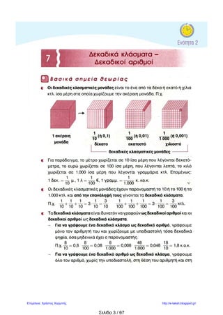 ΟΝΟΜΑ:……………………………………………………ΗΜΕΡΟΜΗΝΙΑ:…………………………………..
ΕΠΑΝΑΛΗΠΤΙΚΟ ΜΑΘΗΜΑΤΙΚΩΝ 2ης
ΕΝΟΤΗΤΑΣ
1. Μετατρέπω τους δεκαδικούς αριθμούς σε δεκαδικά κλάσματα και το αντίστροφο
0,3= 0,75=  16,458=  5,05=  5,50= 
14 =
1000
2 =
100
103 =
10
1062 =
1000
9 =
10
2. Κάνω σύντομα τους πολλαπλασιασμούς
0,062 Χ 100 = 39 Χ 10 = 437 Χ 1000 =
0,84 Χ 1000 = 21,247 Χ 100 = 0,7 Χ 10 =
14,005 Χ 100 = 9,90 Χ 10 = 0,501 Χ 1000=
3. Συμπληρώνω τον πίνακα:
ΑΚΕΡΑΙΟΣ ΣΥΜΜΙΓΗΣ ΔΕΚΑΔΙΚΟΣ ΚΛΑΣΜΑ ΔΙΑΙΡΕΣΗ
132 λ. 1€ 32 λ. 1,32 € 132 €
100
132:100
350λ
2€ 25λ.
405 €
100
7,13€
4. Συμπληρώνω τα σύμβολα της ανισότητας ή της ισότητας ( < = > )
0,6 ___ 0,06 40,40 ___ 40,040 0,32 ___ 0,320
1,7 ___ 1,70 86,09 ___ 86,009 1016,0 ___ 1016
5. Στον παρακάτω πίνακα αναγράφονται οι επιδόσεις των αθλητών σ΄ έναν αγώνα μήκους
Cependa CUB 13,35
Viedma ESP 14,40
Kytsenko UKR 14,05
Gonzalez CUB 13,91
Sivinski BRL 14,17
Gorbenko UKR 13,53
Duan CHN 14,67
 Ποιος πήρε το χρυσό μετάλλιο; ……………………………………..
 Ποιος πήρε το ασημένιο;…………………………………………….
 Ποιος ήρθε τελευταίος;………………………………………………
 Πόση διαφορά είχε το άλμα του πρώτου από το άλμα του τελευταίου;……………………………….
 Βάλτε όλες τις επιδόσεις σε σειρά από τη πιο μεγάλη στην πιο μικρή
………….>………….>…………>…………>………….>…………>…………
 