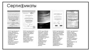 Сертификаты
В 2010 году Курносов К.
обучался по программе
«Школа финансового
директора» от журнала
«Финансовый
директор». Это
позволило повысить
навыки успешного
корпоративного
финансового
планирования и
проведения анализа
деятельности
В 2012 году в Москве
Курносов К. успешно
прошел 3-х дневный
курс по финансовому
моделированию в
программном продукте
АльтИнвест, что
позволяет
профессионально
производить все
Финансово-
Экономические
расчеты.
В 2010 году Курновос К.
прошел обучение по
программе «Принятие
управленческих
решений» от центра
бизнес-мастерства
ХАРИЗМА. Это
позволяет грамотно
расставлять
приоритеты стратегии
бизнеса при Бизнес-
планировании.
В 2012 году Курносов К.
успешно участвовал в
тренинге по созданию
эффективной
презентации.
Это позволяет делать
бизнес-планы для
клиентов внятными и
"читабельными" для
инвесторов.
В 2007 году Курносов К.
успешно принял
участие в семинаре-
практикуме «Лучшая
практика бюджетного
планирования и
контроля в компании»,
что дало понимание
важности
бюджетирования, как
инструмента
эффективного
управления
финансами.
 