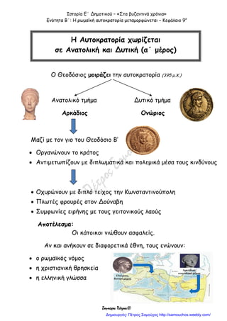Ιστορία Ε΄ Δημοτικού – «Στα βυζαντινά χρόνια»
Ενότητα Β΄: Η ρωμαϊκή αυτοκρατορία μεταμορφώνεται – Κεφάλαιο 9ο
Σαμούχος Πέτρος©
Ο Θεοδόσιος μοιράζει την αυτοκρατορία (395 μ.Χ.)
Ανατολικό τμήμα Δυτικό τμήμα
Αρκάδιος Ονώριος
Μαζί με τον γιο του Θεοδόσιο Β’
 Οργανώνουν το κράτος
 Αντιμετωπίζουν με διπλωματικά και πολεμικά μέσα τους κινδύνους
 Οχυρώνουν με διπλό τείχος την Κωνσταντινούπολη
 Πλωτές φρουρές στον Δούναβη
 Συμφωνίες ειρήνης με τους γειτονικούς λαούς
Αποτέλεσμα:
Οι κάτοικοι νιώθουν ασφαλείς.
Αν και ανήκουν σε διαφορετικά έθνη, τους ενώνουν:
 ο ρωμαϊκός νόμος
 η χριστιανική θρησκεία
 η ελληνική γλώσσα
Η Αυτοκρατορία χωρίζεται
σε Ανατολική και Δυτική (α΄ μέρος)
Δημιουργός: Πέτρος Σαμούχος http://samouchos.weebly.com/
 