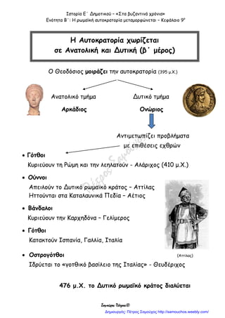 Ιστορία Ε΄ Δημοτικού – «Στα βυζαντινά χρόνια»
Ενότητα Β΄: Η ρωμαϊκή αυτοκρατορία μεταμορφώνεται – Κεφάλαιο 9ο
Σαμούχος Πέτρος©
Ο Θεοδόσιος μοιράζει την αυτοκρατορία (395 μ.Χ.)
Ανατολικό τμήμα Δυτικό τμήμα
Αρκάδιος Ονώριος
Αντιμετωπίζει προβλήματα
με επιθέσεις εχθρών
 Γότθοι
Κυριεύουν τη Ρώμη και την λεηλατούν - Αλάριχος (410 μ.Χ.)
 Ούννοι
Απειλούν το Δυτικό ρωμαϊκό κράτος – Αττίλας
Ηττούνται στα Καταλαυνικά Πεδία – Αέτιος
 Βάνδαλοι
Κυριεύουν την Καρχηδόνα – Γελίμερος
 Γότθοι
Κατακτούν Ισπανία, Γαλλία, Ιταλία
 Οστρογότθοι (Αττίλας)
Ιδρύεται το «γοτθικό βασίλειο της Ιταλίας» - Θευδέριχος
476 μ.Χ. το Δυτικό ρωμαϊκό κράτος διαλύεται
Η Αυτοκρατορία χωρίζεται
σε Ανατολική και Δυτική (β΄ μέρος)
Δημιουργός: Πέτρος Σαμούχος http://samouchos.weebly.com/
 