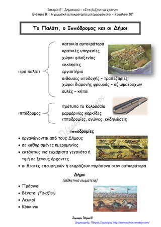 Ιστορία Ε΄ Δημοτικού – «Στα βυζαντινά χρόνια»
Ενότητα Β΄: Η ρωμαϊκή αυτοκρατορία μεταμορφώνεται – Κεφάλαιο 10ο
Σαμούχος Πέτρος©
κατοικία αυτοκράτορα
κρατικές υπηρεσίες
χώροι φιλοξενίας
εκκλησίες
ιερό παλάτι εργαστήρια
αίθουσες υποδοχής – τραπεζαρίες
χώροι διαμονής φρουράς – αξιωματούχων
αυλές – κήποι
πρότυπο το Κολοσσαίο
ιππόδρομος μαρμάρινες κερκίδες
ιπποδρομίες, αγώνες, εκδηλώσεις
ιπποδρομίες
 οργανώνονται από τους Δήμους
 σε καθορισμένες ημερομηνίες
 εκτάκτως για ευχάριστα γεγονότα ή
τιμή σε ξένους άρχοντες
 οι θεατές επευφημούν ή εκφράζουν παράπονα στον αυτοκράτορα
Δήμοι
(αθλητικά σωματεία)
 Πράσινοι
 Βένετοι (Γαλάζιοι)
 Λευκοί
 Κόκκινοι
Το Παλάτι, ο Ιππόδρομος και οι Δήμοι
Δημιουργός: Πέτρος Σαμούχος http://samouchos.weebly.com/
 