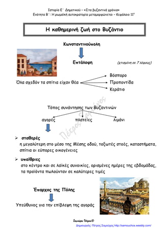 Ιστορία Ε΄ Δημοτικού – «Στα βυζαντινά χρόνια»
Ενότητα Β΄: Η ρωμαϊκή αυτοκρατορία μεταμορφώνεται – Κεφάλαιο 11ο
Σαμούχος Πέτρος©
Κωνσταντινούπολη
Επτάλοφη (χτισμένη σε 7 λόφους)
Βόσπορο
Όλα σχεδόν τα σπίτια είχαν θέα Προποντίδα
Κεράτιο
Τόπος συνάντησης των Βυζαντινών
αγορές πλατείες λιμάνι
 σταθερές
η μεγαλύτερη στο μέσο της Μέσης οδού, τοξωτές στοές, καταστήματα,
σπίτια οι εύπορες οικογένειες
 υπαίθριες
στο κέντρο και σε λαϊκές συνοικίες, ορισμένες ημέρες της εβδομάδας,
τα προϊόντα πωλούνταν σε καλύτερες τιμές
Έπαρχος της Πόλης
Υπεύθυνος για την επίβλεψη της αγοράς
Η καθημερινή ζωή στο Βυζάντιο
Δημιουργός: Πέτρος Σαμούχος http://samouchos.weebly.com/
 