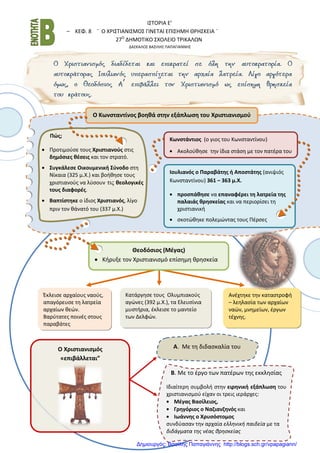 Ι΢ΣΟΡΙΑ Ε’
– ΚΕΦ. 8 ¨ Ο ΧΡΙ΢ΣΙΑΝΙ΢ΜΟ΢ ΓΙΝΕΣΑΙ ΕΠΙ΢ΗΜΗ ΘΡΗ΢ΚΕΙΑ ¨
27Ο
ΔΗΜΟΣΙΚΟ ΢ΧΟΛΕΙΟ ΣΡΙΚΑΛΩΝ
ΔΑ΢ΚΑΛΟ΢ ΒΑ΢ΙΛΗ΢ ΠΑΠΑΓΙΑΝΝΗ΢
Ο Κωνςταντίνοσ βοθκά ςτθν εξάπλωςθ του Χριςτιανιςμοφ
Ιουλιανόσ ο Παραβάτθσ ι Αποςτάτθσ (ανιψιόσ
Κωνςταντίνου) 361 – 363 μ.Χ.
προςπάκθςε να επαναφζρει τθ λατρεία τθσ
παλαιάσ κρθςκείασ και να περιορίςει τη
χριςτιανική
ςκοτϊθηκε πολεμϊντασ τουσ Πζρςεσ
Θεοδόςιοσ (Μζγασ)
Κήρυξε τον Χριςτιανιςμό επίςημη θρηςκεία
Ζκλειςε αρχαίουσ ναοφσ,
απαγόρευςε τη λατρεία
αρχαίων θεϊν.
Βαρφτατεσ ποινζσ ςτουσ
παραβάτεσ
Κατάργηςε τουσ Ολυμπιακοφσ
αγϊνεσ (392 μ.Χ.), τα Ελευςίνια
μυςτήρια, ζκλειςε το μαντείο
των Δελφϊν.
Ανζχτηκε την καταςτροφή
– λεηλαςία των αρχαίων
ναϊν, μνημείων, ζργων
τζχνησ.
Ο Χριςτιανιςμόσ
«επιβάλλεται”
Α. Με τη διδαςκαλία του
Β. Με το ζργο των πατζρων τησ εκκληςίασ
Ιδιαίτερη ςυμβολή ςτην ειρθνικι εξάπλωςθ του
χριςτιανιςμοφ είχαν οι τρεισ ιεράρχεσ:
Μζγασ Βαςίλειοσ,
Γρθγόριοσ ο Ναηιανηθνόσ και
Ιωάννθσ ο Χρυςόςτομοσ
ςυνδφαςαν την αρχαία ελληνική παιδεία με τα
διδάγματα τησ νζασ θρηςκείασ
Κωνςτάντιοσ (ο γιοσ του Κωνςταντίνου)
Ακολοφθηςε την ίδια ςτάςη με τον πατζρα του
Πώσ;
Προτιμοφςε τουσ Χριςτιανοφσ ςτισ
δθμόςιεσ κζςεισ και τον ςτρατό.
Συγκάλεςε Οικουμενικι Σφνοδο ςτη
Νίκαια (325 μ.Χ.) και βοήθηςε τουσ
χριςτιανοφσ να λφςουν τις κεολογικζσ
τουσ διαφορζσ.
Βαπτίςτθκε ο ίδιοσ Χριςτιανόσ, λίγο
πριν τον θάνατό του (337 μ.Χ.)
Δημιουργός: Βασίλης Παπαγιάννης http://blogs.sch.gr/vpapagiann/
 