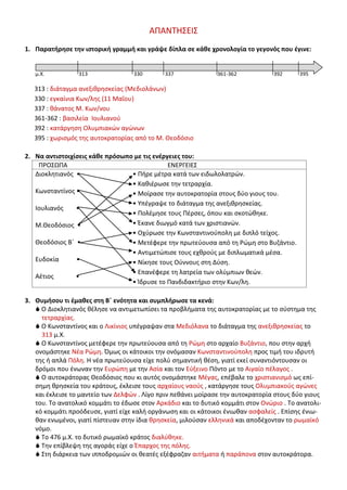 ΑΠΑΝΤΗΣΕΙΣ
1. Παρατήρησε την ιστορική γραμμή και γράψε δίπλα σε κάθε χρονολογία το γεγονός που έγινε:
μ.Χ. 313 330 337 361-362 392 395
313 : διάταγμα ανεξιθρησκείας (Μεδιολάνων)
330 : εγκαίνια Κων/λης (11 Μαΐου)
337 : θάνατος Μ. Κων/νου
361-362 : βασιλεία Ιουλιανού
392 : κατάργηση Ολυμπιακών αγώνων
395 : χωρισμός της αυτοκρατορίας από το Μ. Θεοδόσιο
2. Να αντιστοιχίσεις κάθε πρόσωπο με τις ενέργειες του:
ΠΡΟΣΩΠΑ ΕΝΕΡΓΕΙΕΣ
Διοκλητιανός •
Κωνσταντίνος •
Ιουλιανός •
Μ.Θεοδόσιος •
Θεοδόσιος Β΄ •
Ευδοκία •
Αέτιος •
• Πήρε μέτρα κατά των ειδωλολατρών.
• Καθιέρωσε την τετραρχία.
• Μοίρασε την αυτοκρατορία στους δύο γιους του.
• Υπέγραψε το διάταγμα της ανεξιθρησκείας.
• Πολέμησε τους Πέρσες, όπου και σκοτώθηκε.
• Έκανε διωγμό κατά των χριστιανών.
• Οχύρωσε την Κωνσταντινούπολη με διπλό τείχος.
• Μετέφερε την πρωτεύουσα από τη Ρώμη στο Βυζάντιο.
• Αντιμετώπισε τους εχθρούς με διπλωματικά μέσα.
• Νίκησε τους Ούννους στη Δύση.
• Επανέφερε τη λατρεία των ολύμπιων θεών.
• Ίδρυσε το Πανδιδακτήριο στην Κων/λη.
3. Θυμήσου τι έμαθες στη Β΄ ενότητα και συμπλήρωσε τα κενά:
 Ο Διοκλητιανός θέλησε να αντιμετωπίσει τα προβλήματα της αυτοκρατορίας με το σύστημα της
τετραρχίας.
 Ο Κωνσταντίνος και ο Λικίνιος υπέγραψαν στα Μεδιόλανα το διάταγμα της ανεξιθρησκείας το
313 μ.Χ.
 Ο Κωνσταντίνος μετέφερε την πρωτεύουσα από τη Ρώμη στο αρχαίο Βυζάντιο, που στην αρχή
ονομάστηκε Νέα Ρώμη. Όμως οι κάτοικοι την ονόμασαν Κωνσταντινούπολη προς τιμή του ιδρυτή
της ή απλά Πόλη. Η νέα πρωτεύουσα είχε πολύ σημαντική θέση, γιατί εκεί συναντιόντουσαν οι
δρόμοι που ένωναν την Ευρώπη με την Ασία και τον Εύξεινο Πόντο με το Αιγαίο πέλαγος .
 Ο αυτοκράτορας Θεοδόσιος που κι αυτός ονομάστηκε Μέγας, επέβαλε το χριστιανισμό ως επί-
σημη θρησκεία του κράτους, έκλεισε τους αρχαίους ναούς , κατάργησε τους Ολυμπιακούς αγώνες
και έκλεισε το μαντείο των Δελφών . Λίγο πριν πεθάνει μοίρασε την αυτοκρατορία στους δύο γιους
του. Το ανατολικό κομμάτι το έδωσε στον Αρκάδιο και το δυτικό κομμάτι στον Ονώριο . Το ανατολι-
κό κομμάτι προόδευσε, γιατί είχε καλή οργάνωση και οι κάτοικοι ένιωθαν ασφαλείς . Επίσης ένιω-
θαν ενωμένοι, γιατί πίστευαν στην ίδια θρησκεία, μιλούσαν ελληνικά και αποδέχονταν το ρωμαϊκό
νόμο.
 Το 476 μ.Χ. το δυτικό ρωμαϊκό κράτος διαλύθηκε.
 Την επίβλεψη της αγοράς είχε ο Έπαρχος της πόλης.
 Στη διάρκεια των ιπποδρομιών οι θεατές εξέφραζαν αιτήματα ή παράπονα στον αυτοκράτορα.
 